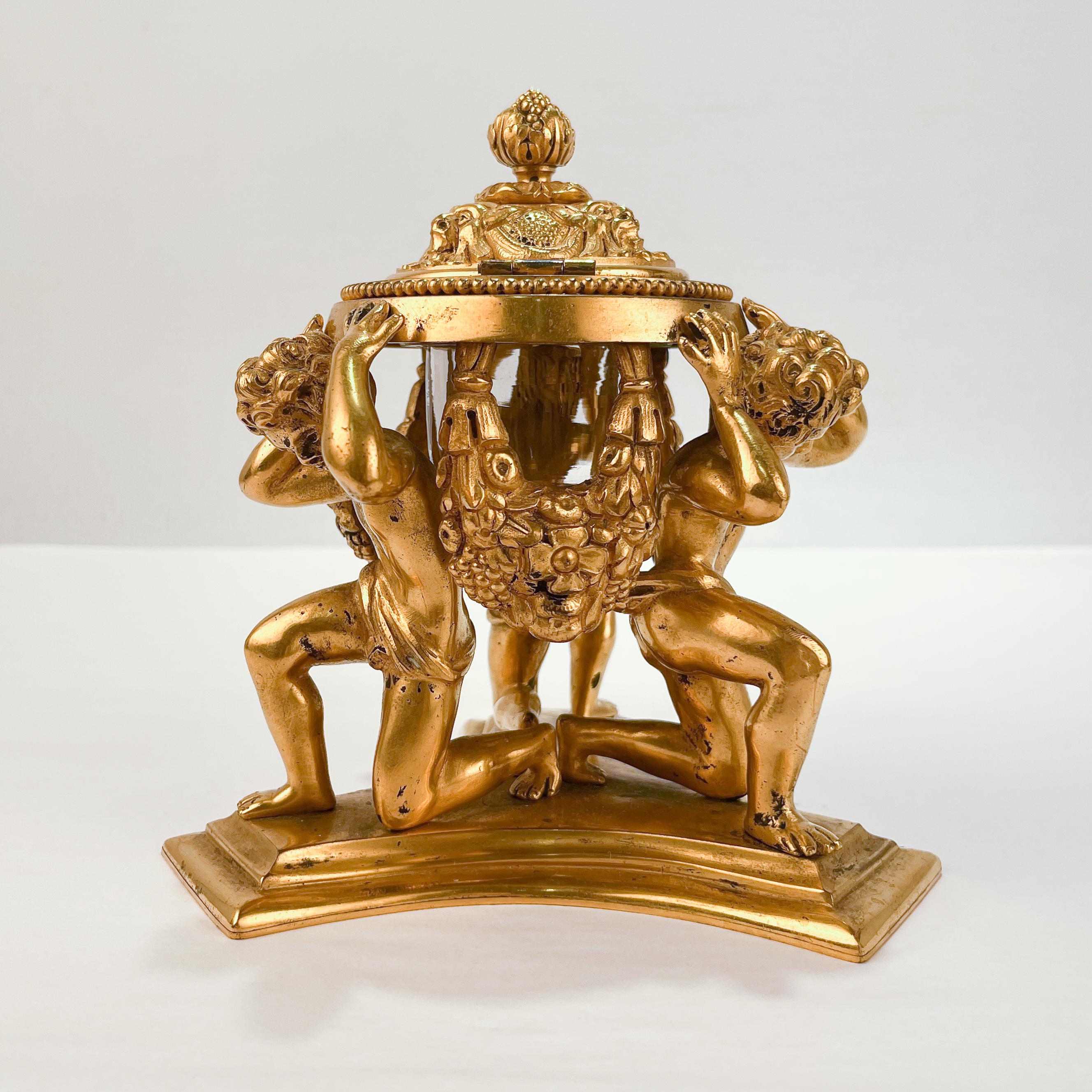 20th Century Antique Gilded Age Figural Gilt Bronze Inkwell by E.F. Caldwell