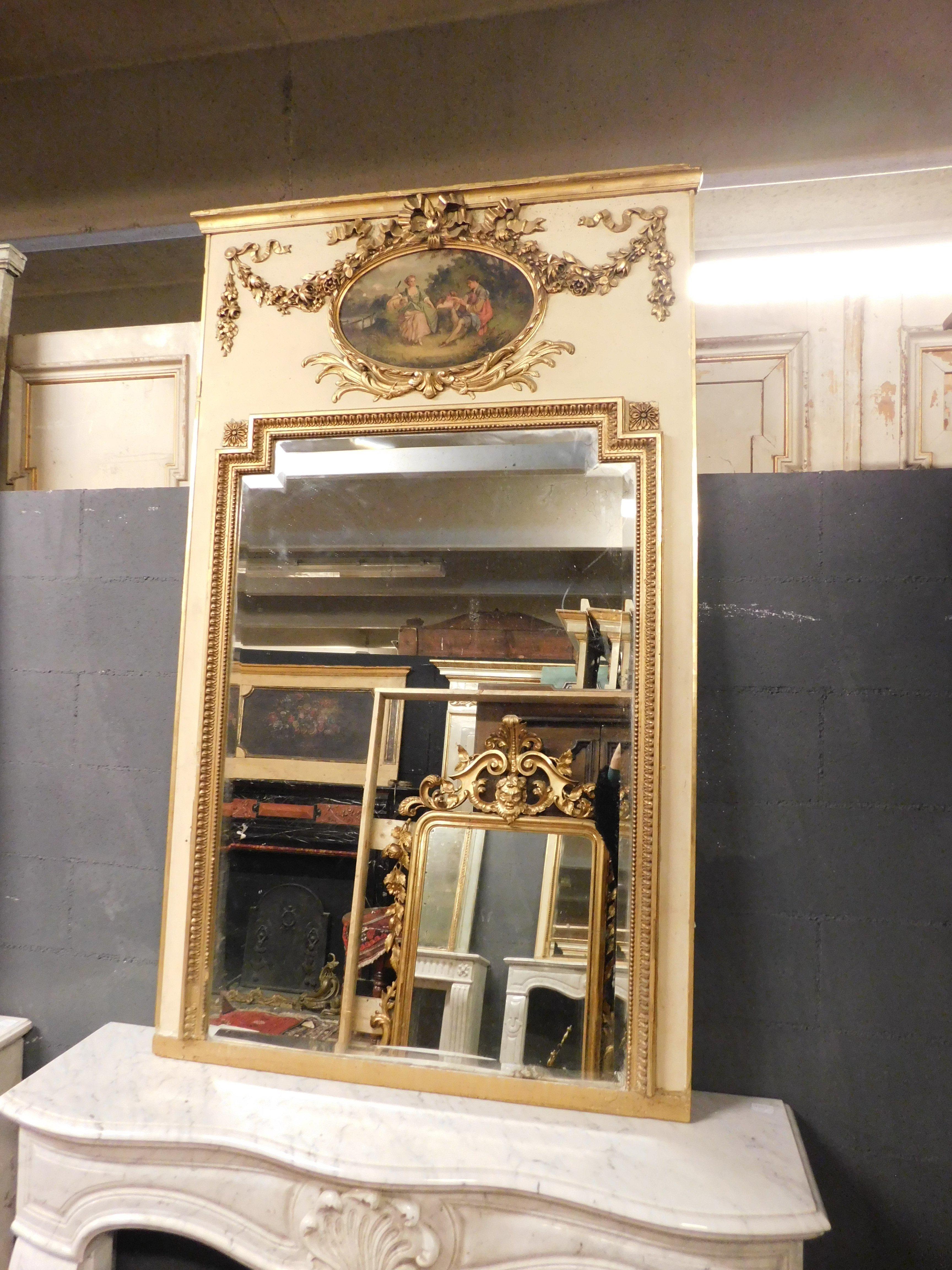 Carved Antique Gilded and Hand-Lacquered Mirror, with Painting, 19th Century, Italy For Sale