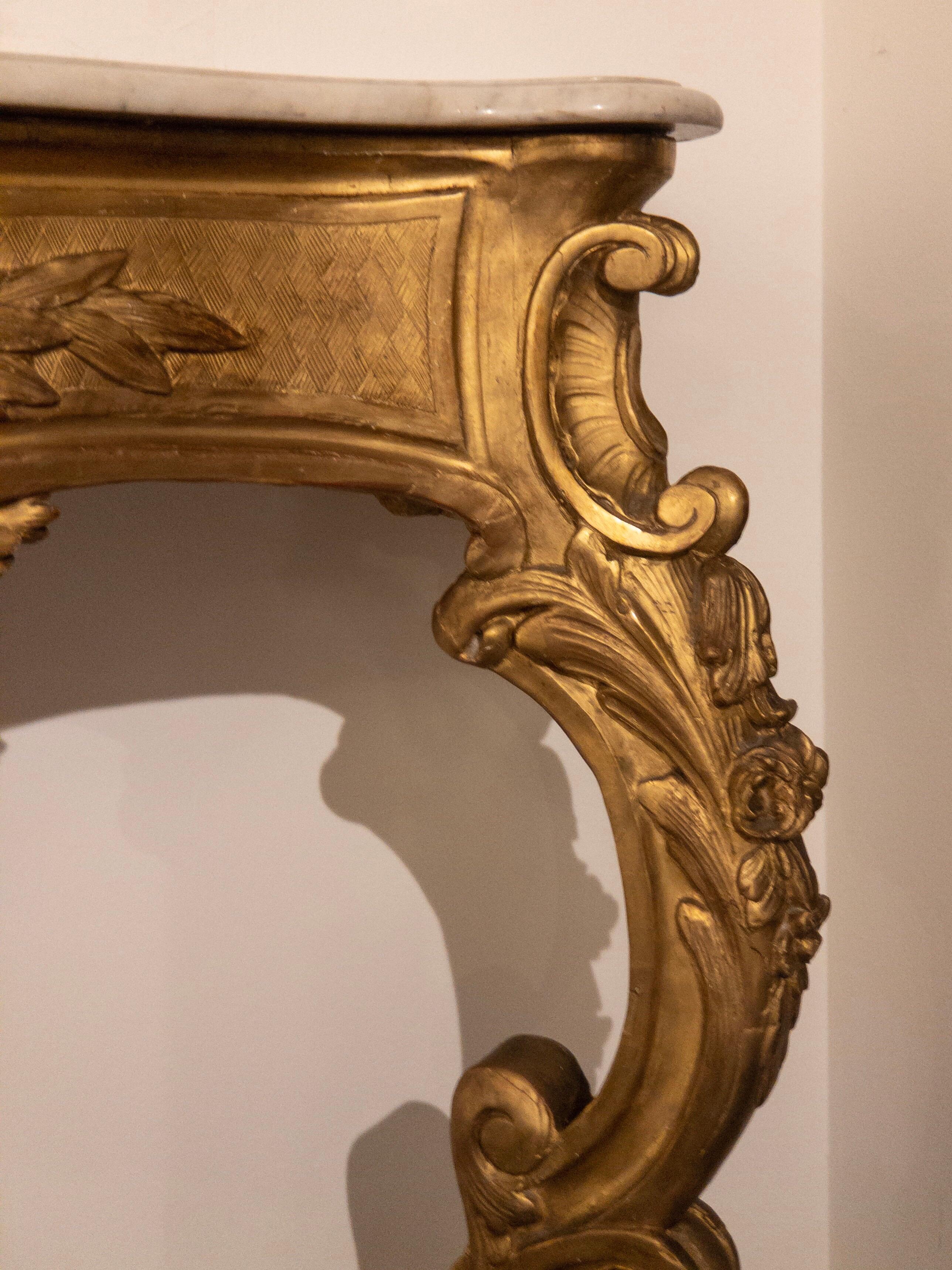 Antique Gilded Baroque Console Table with Carrara Marble-Top from France For Sale 6