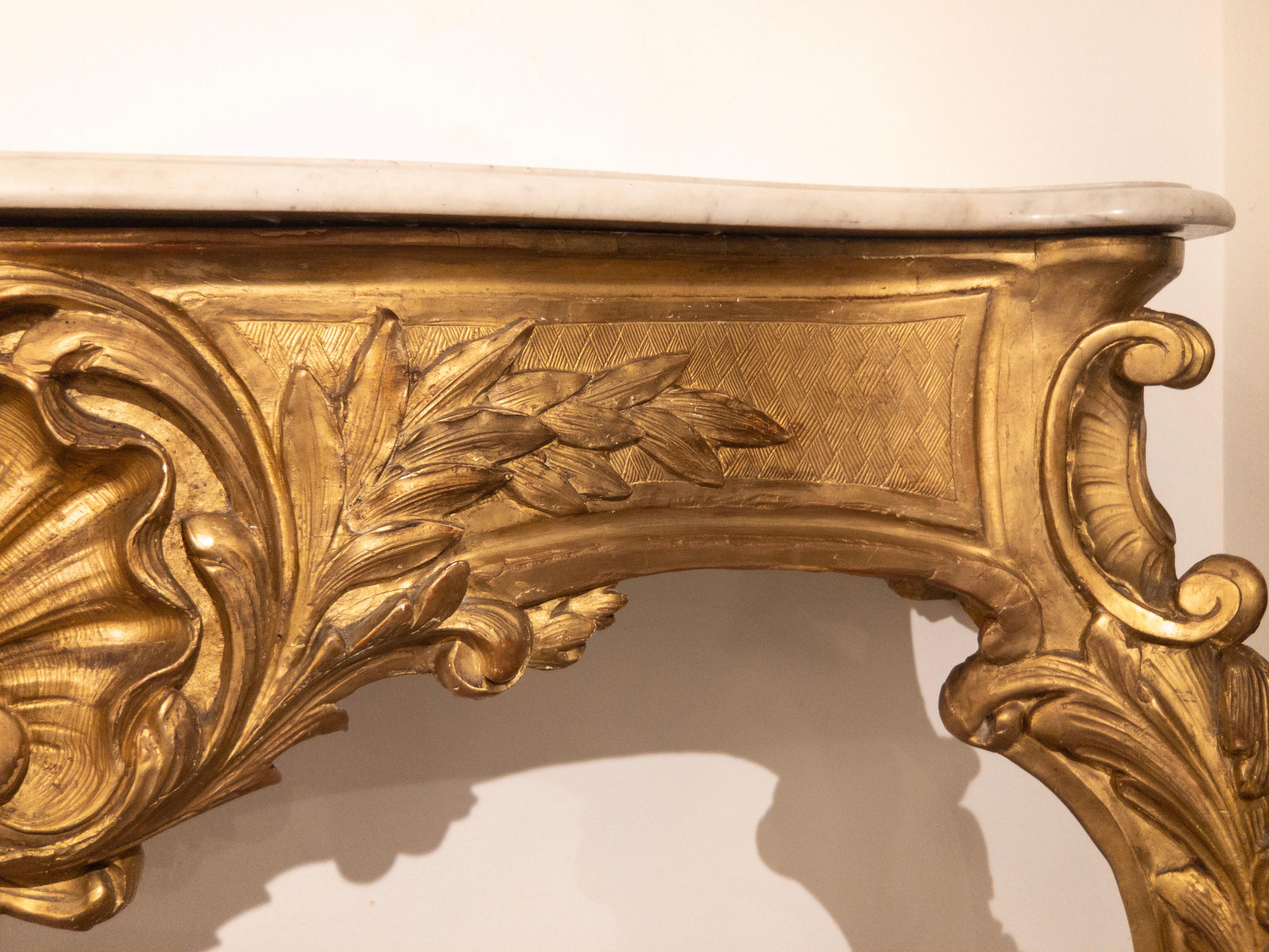Antique Gilded Baroque Console Table with Carrara Marble-Top from France For Sale 9