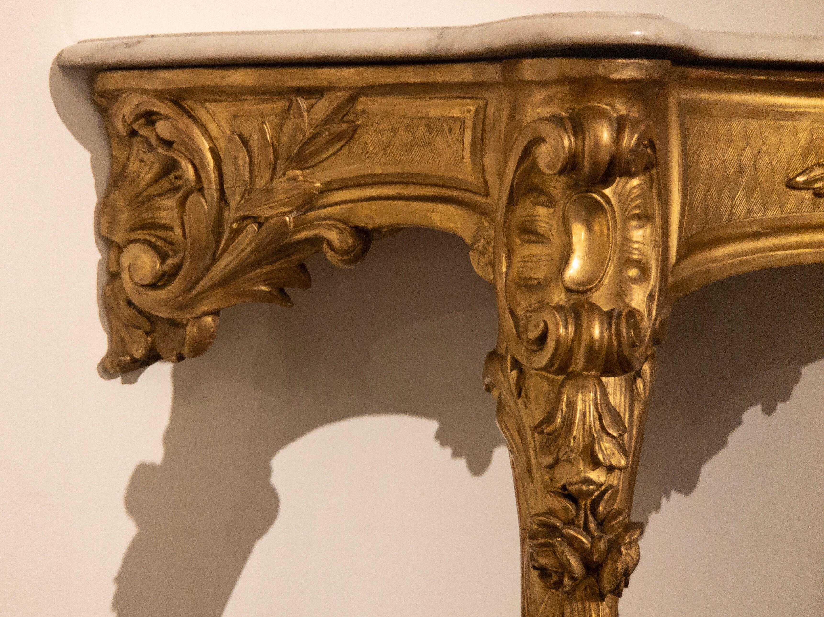 Gilt Antique Gilded Baroque Console Table with Carrara Marble-Top from France For Sale