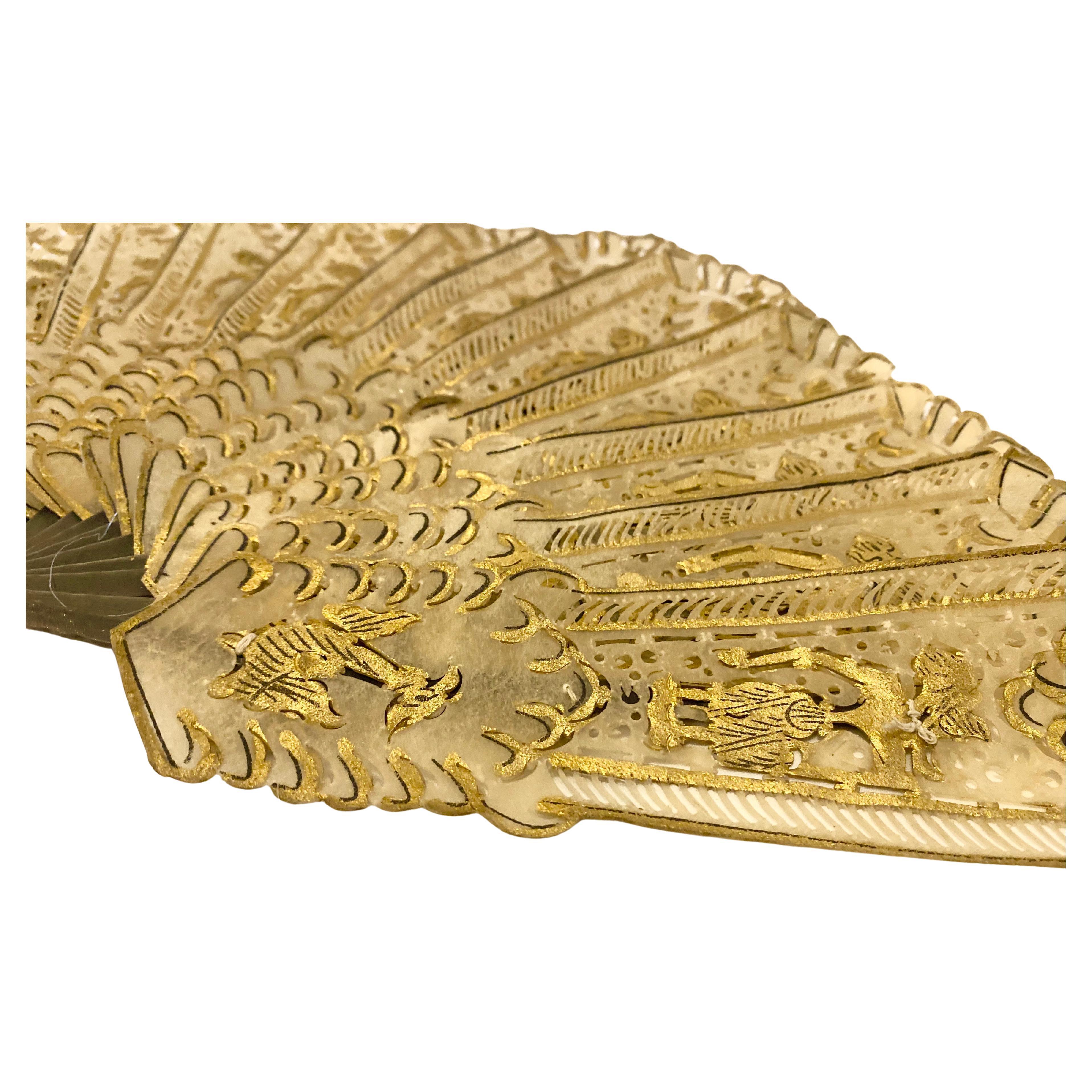 Women's or Men's Antique Gilded Brisé Pierced Celluloid Hand Fan with Gold Painted Figures For Sale
