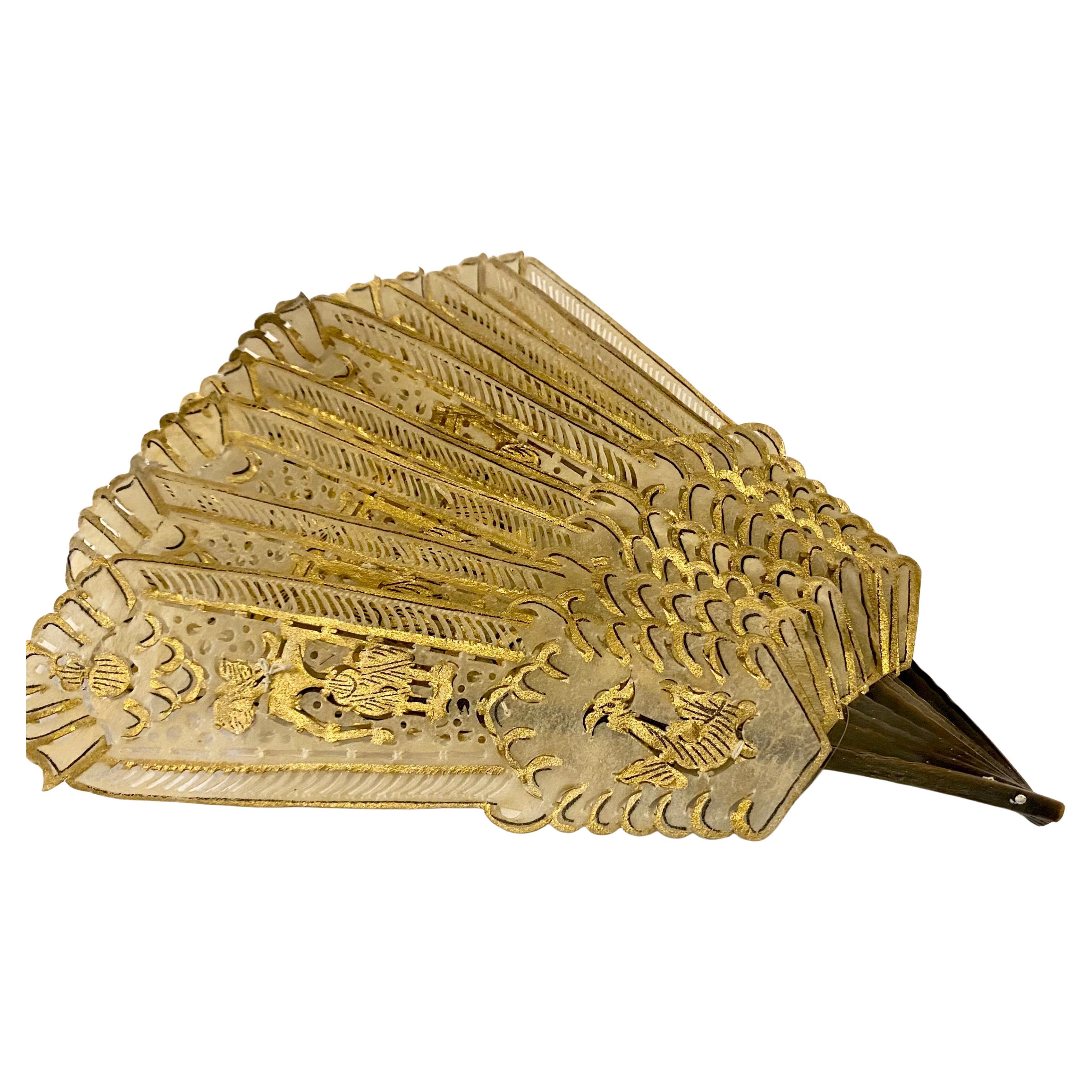 Antique Gilded Brisé Pierced Celluloid Hand Fan with Gold Painted Figures For Sale 1
