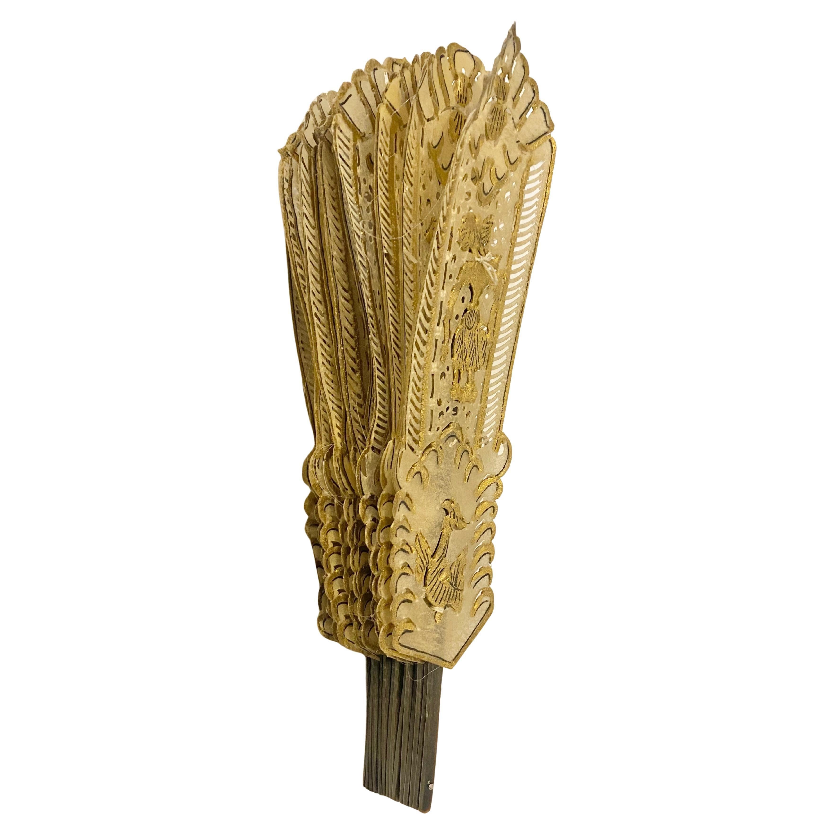 Antique Gilded Brisé Pierced Celluloid Hand Fan with Gold Painted Figures For Sale 2