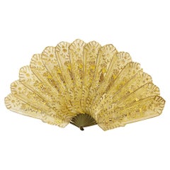 Antique Gilded Brisé Pierced Celluloid Hand Fan with Gold Painted Figures