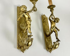 Antique Gilded Bronze Angel Sconces Pair  Cherub Wall Lights Facing, France