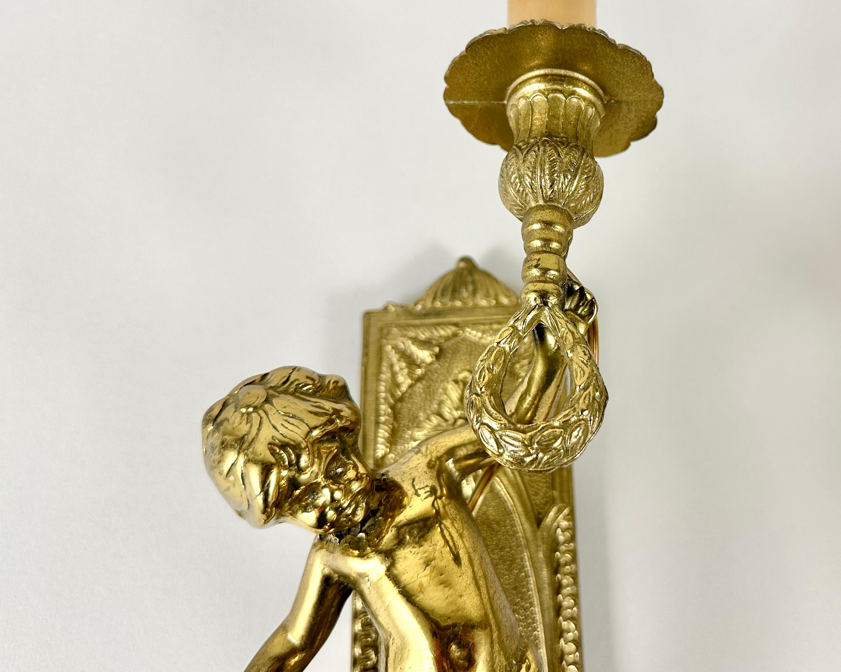 Baroque Antique Gilded Bronze Angel Sconces Pair  Cherub Wall Lights Facing, France For Sale