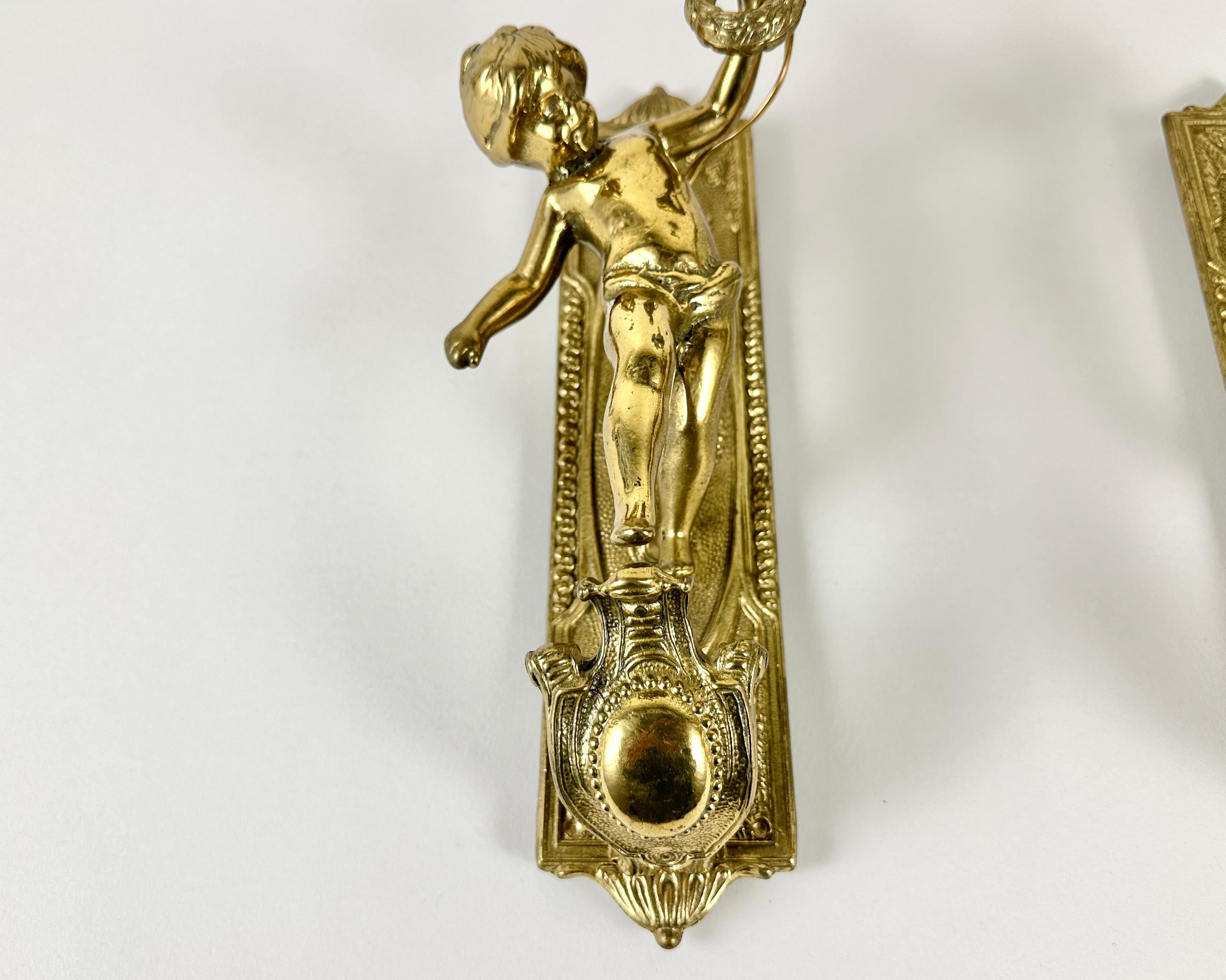 French Antique Gilded Bronze Angel Sconces Pair  Cherub Wall Lights Facing, France For Sale