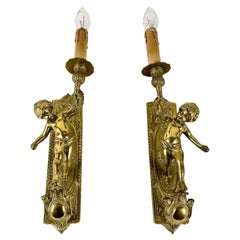 Antique Gilded Bronze Angel Sconces Pair  Cherub Wall Lights Facing, France