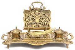 Antique gilded bronze inkwell with angel