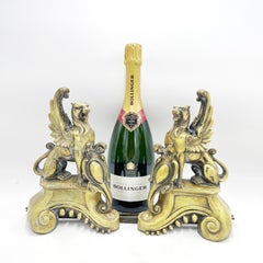 Antique Gilded Bronze Venetian Winged Lion Fire Chenets