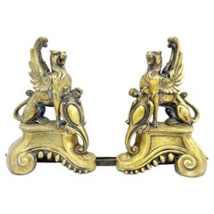 Antique Gilded Bronze Venetian Winged Lion Fire Chenets