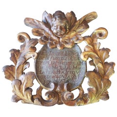 Antique Gilded Cherub Cartouche Fragment with Script Antique Gilded Cherub Cartouche Fragment with Script