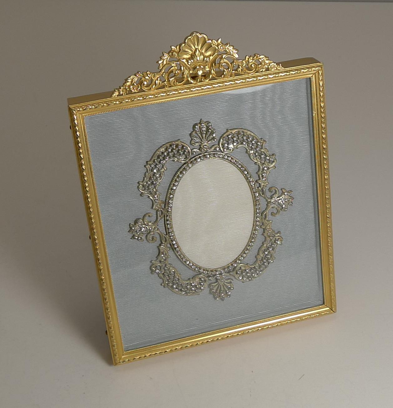 Early 20th Century Antique Gilded French Bronze Photograph Frame with Paste Stone Decoration For Sale