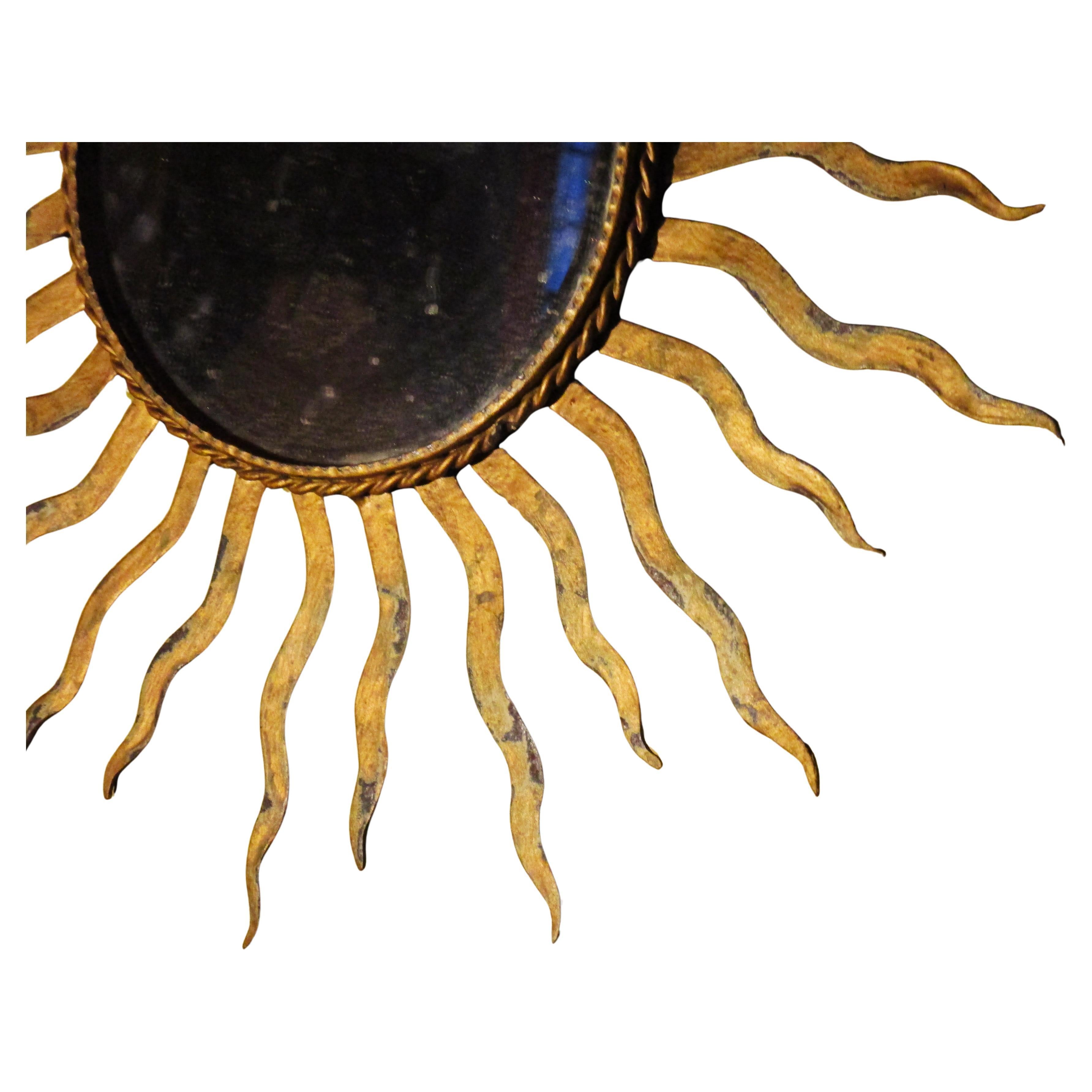 Spanish Antique Gilded Iron Sunburst Mirror For Sale