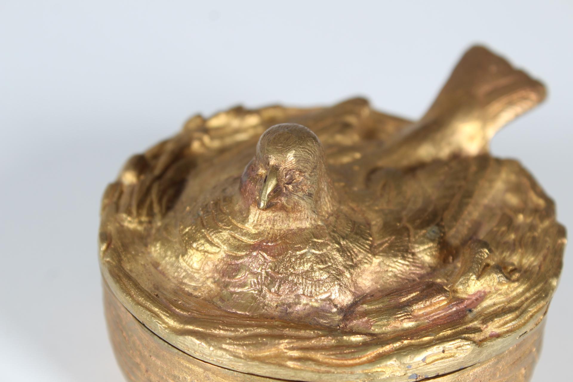 French Antique Gilded Jewelry Box, Bronze Doré, Gilded Bronze, France, Bird in a Nest For Sale