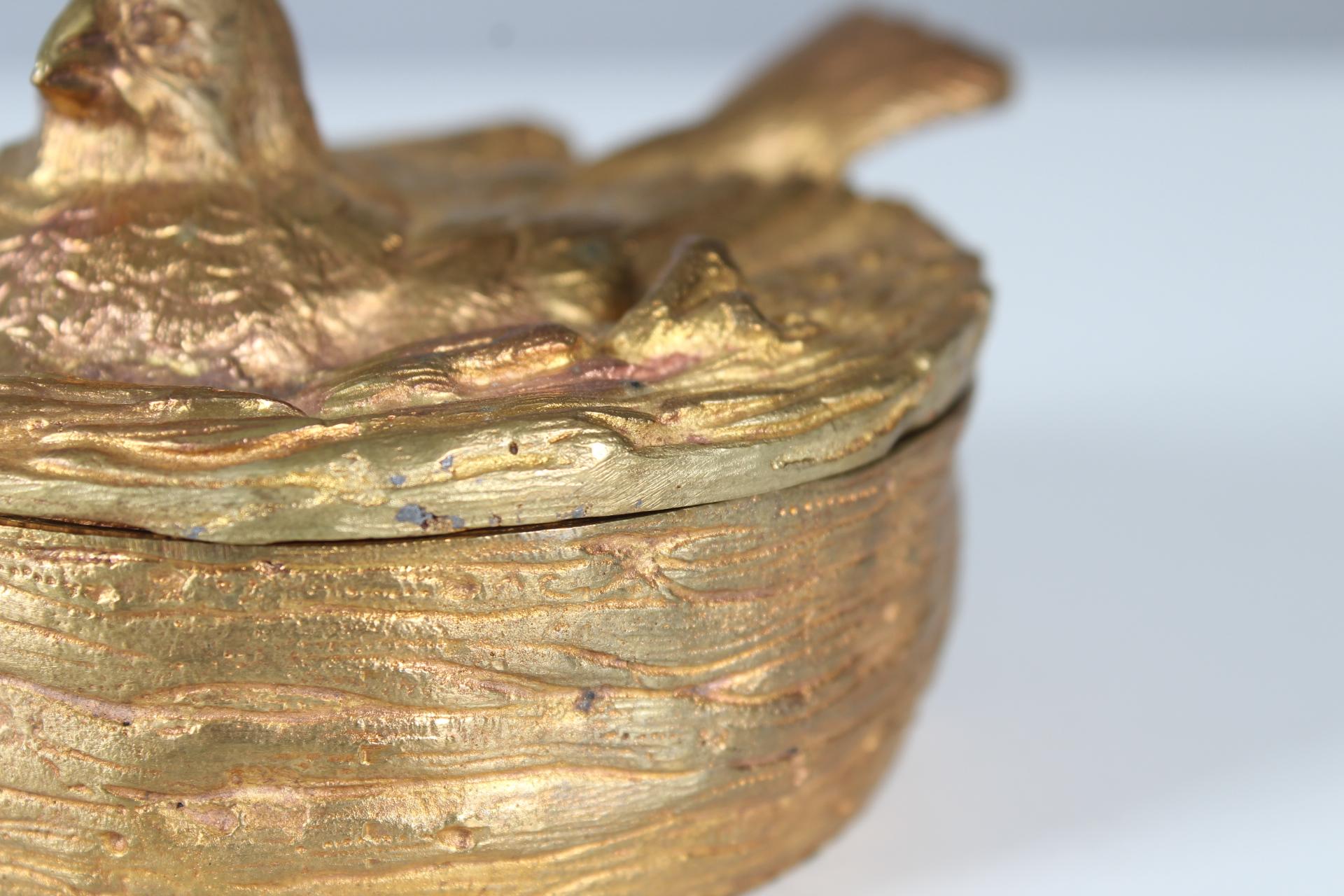 Antique Gilded Jewelry Box, Bronze Doré, Gilded Bronze, France, Bird in a Nest For Sale 1