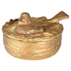 Antiguo Joyero Dorado, Bronce Dorado, Francia, Pájaro en un Nido