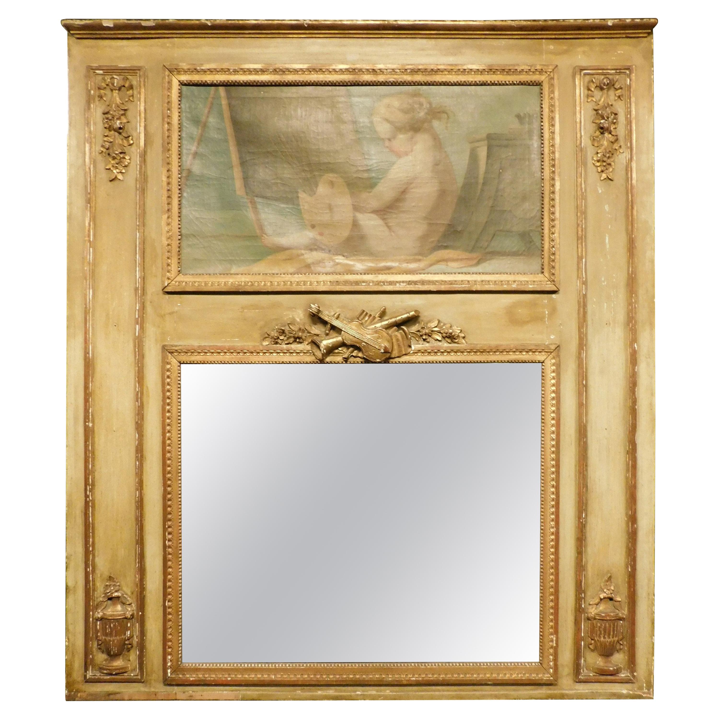 Antique Gilded Louis XVI Mirror with Painting, Inspired by Art, France, 1700