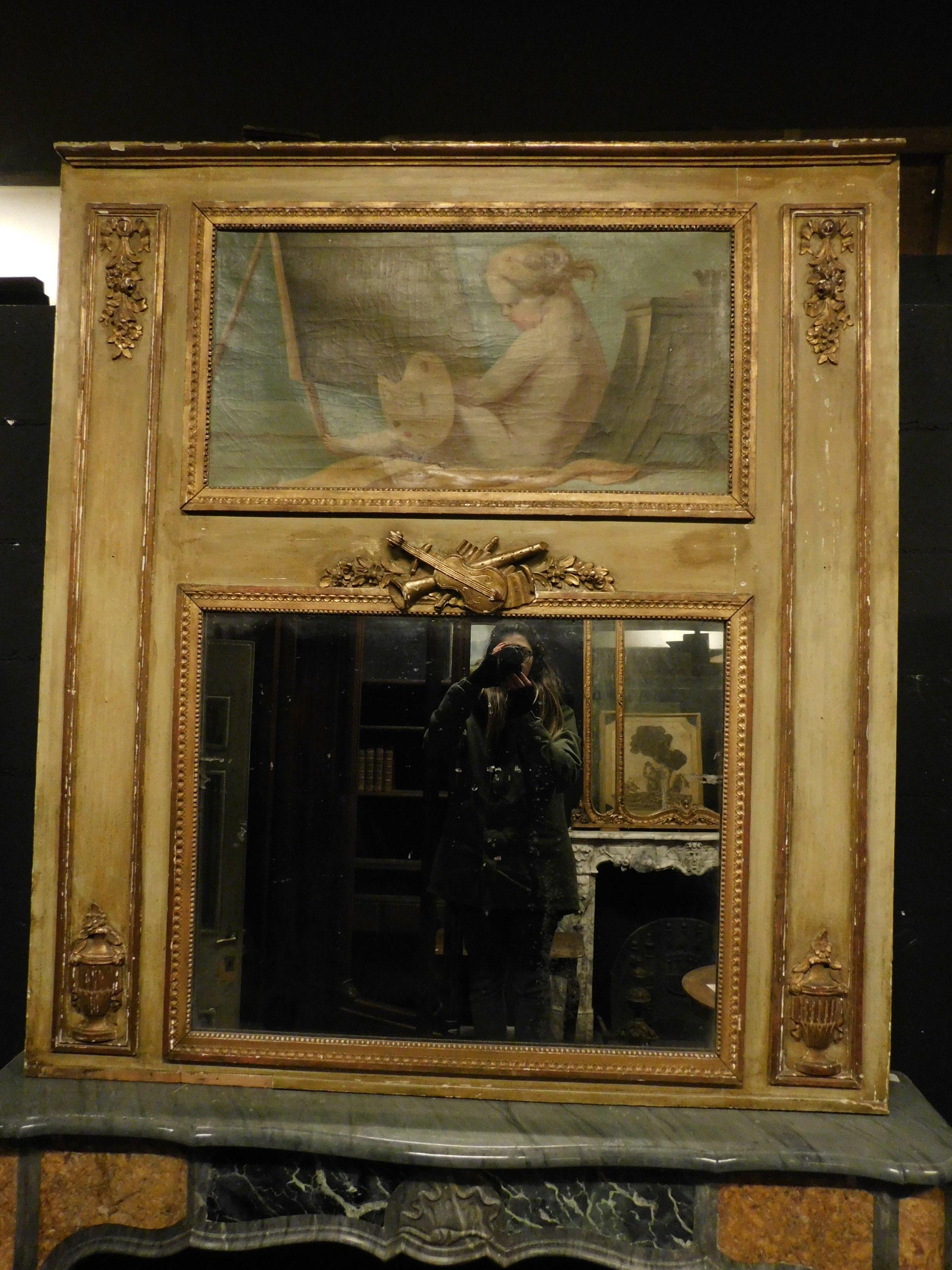 French Antique Gilded Louis XVI Mirror with Painting, Inspired by Art, France, 1700