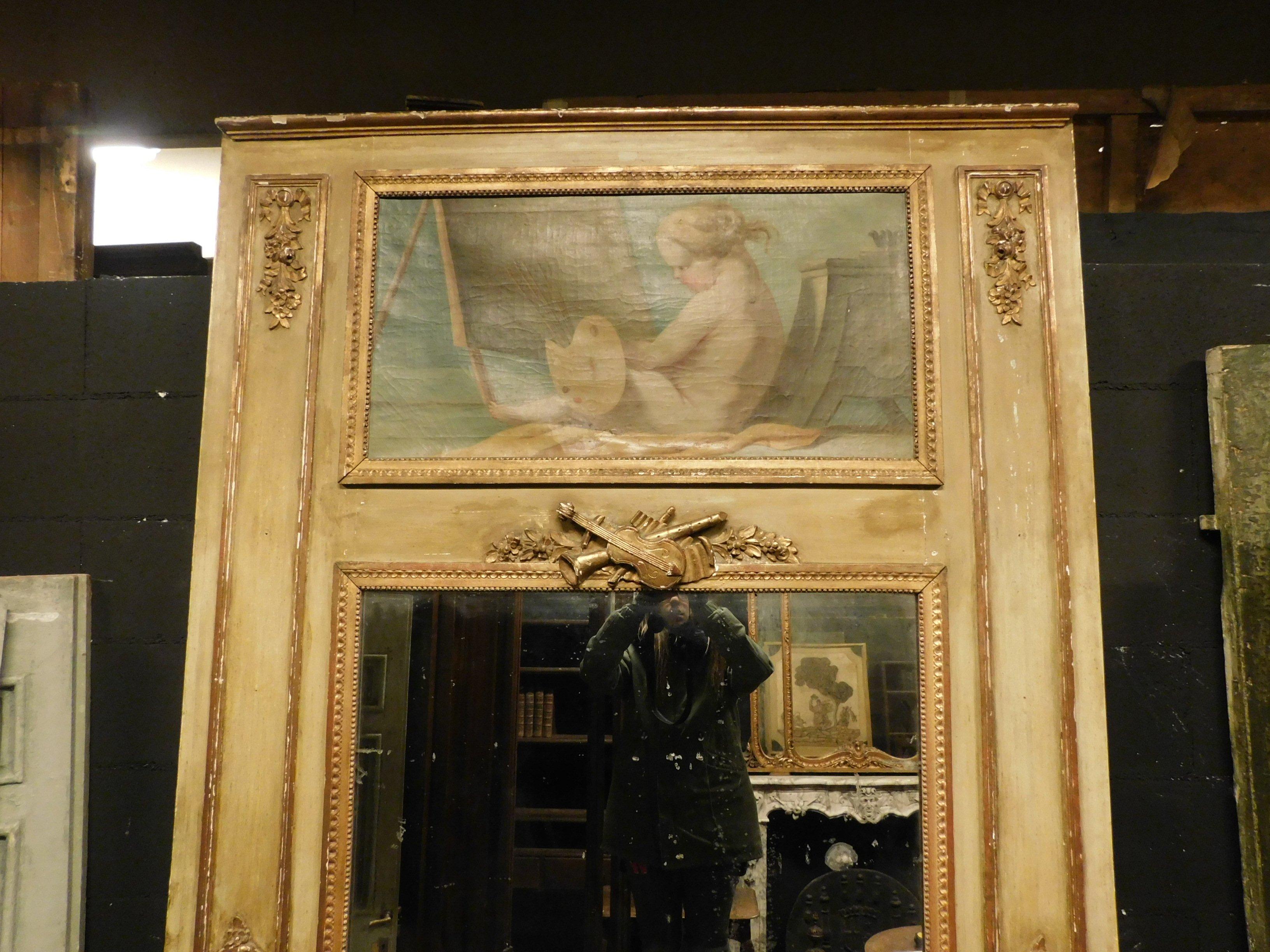 Hand-Painted Antique Gilded Louis XVI Mirror with Painting, Inspired by Art, France, 1700