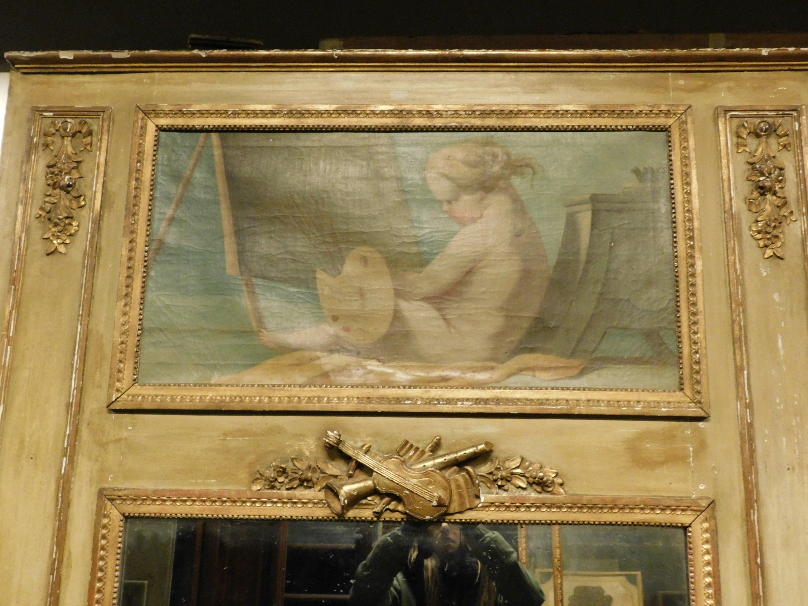 Antique Gilded Louis XVI Mirror with Painting, Inspired by Art, France, 1700 In Good Condition In Cuneo, Italy (CN)