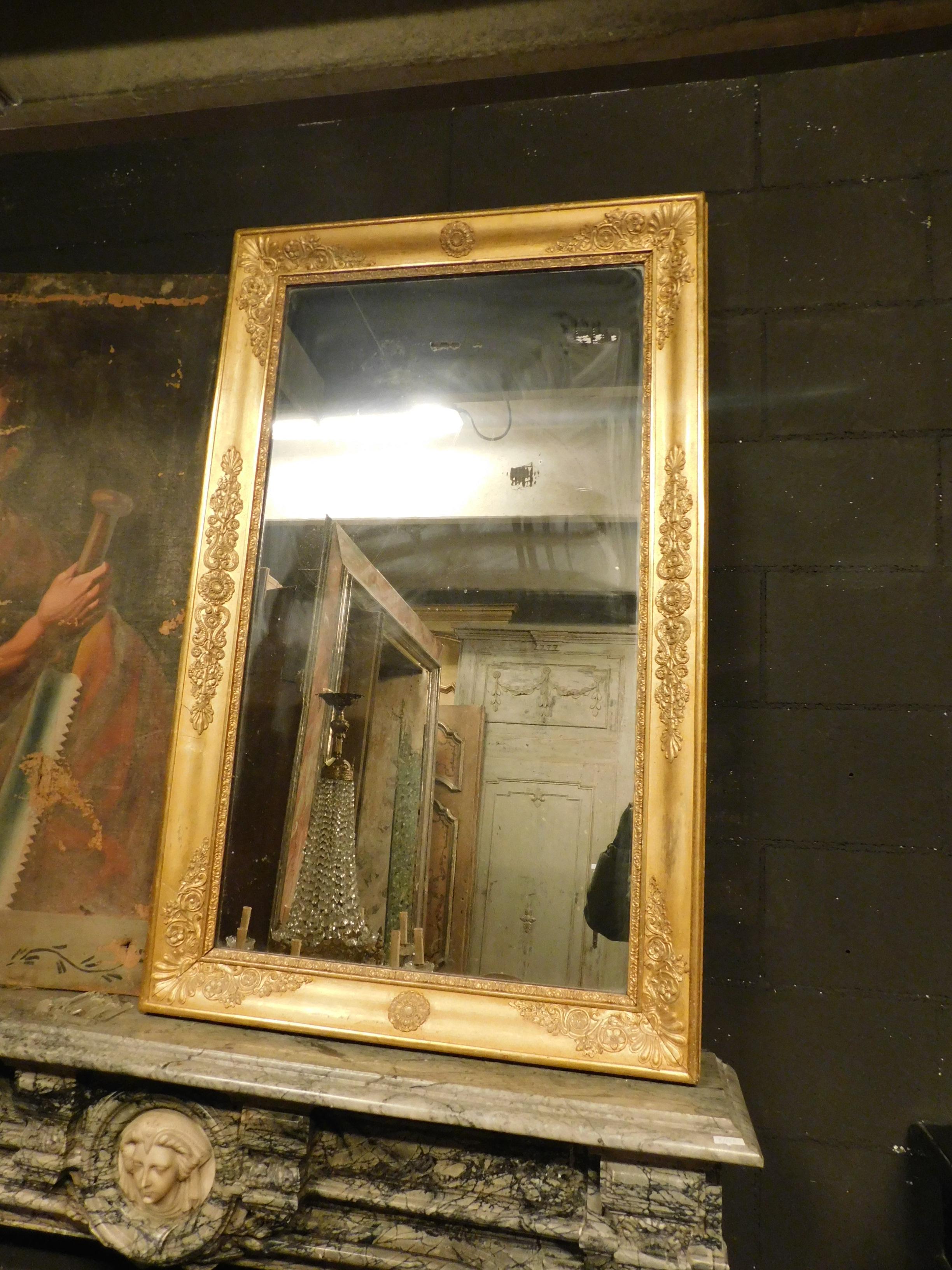 Italian Antique Gilded Mirror with Decorations, Carlo X, Italy