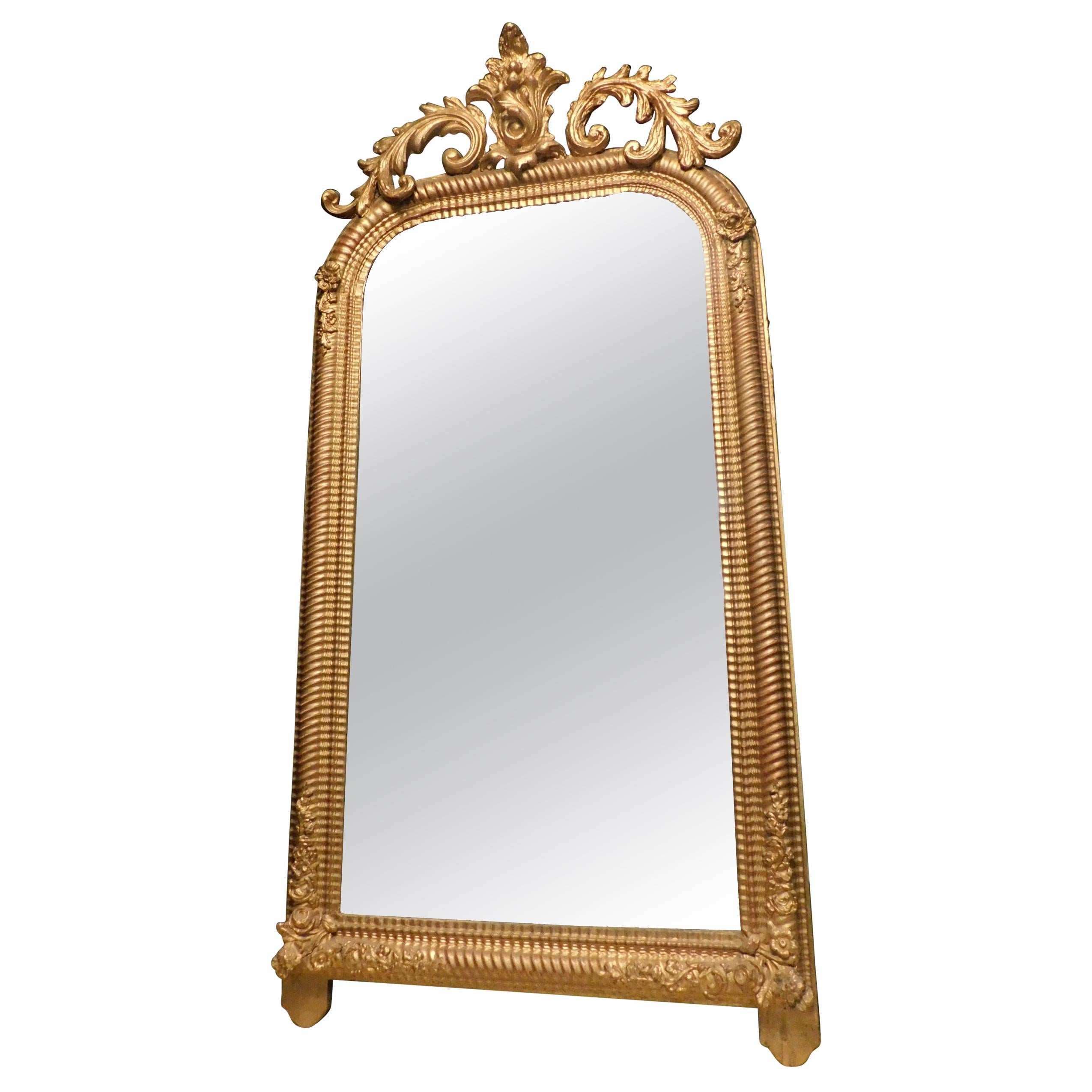 Antique Gilded Mirror with Sculpted Floreal Rib, 19th Century, Italy