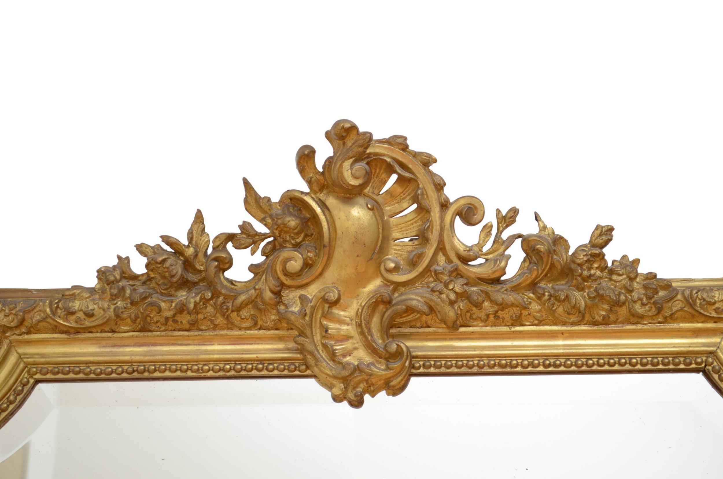 Antiguo Espejo Sobremantel Dorado Siglo XIX Espejo de Pared de Madera Dorada H151cm en venta 6