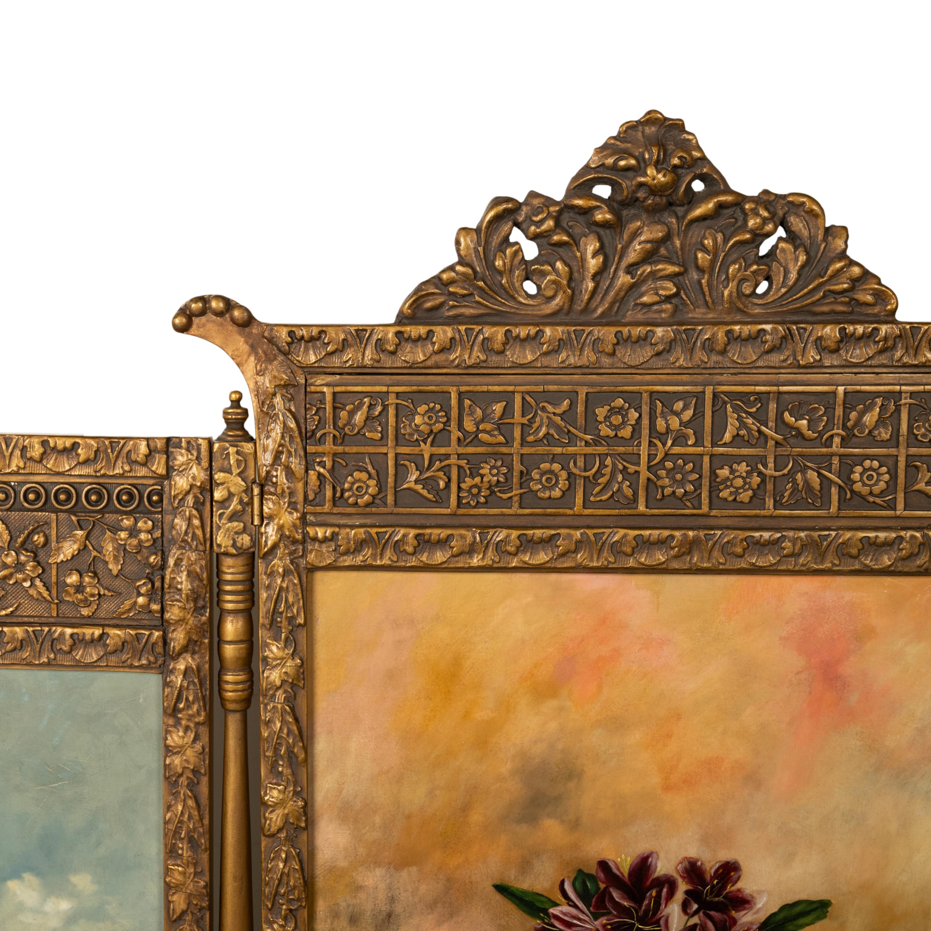  Antique Gilded Room Divider Screen Oil Painting Aesthetic Movement NY 1885 For Sale 4