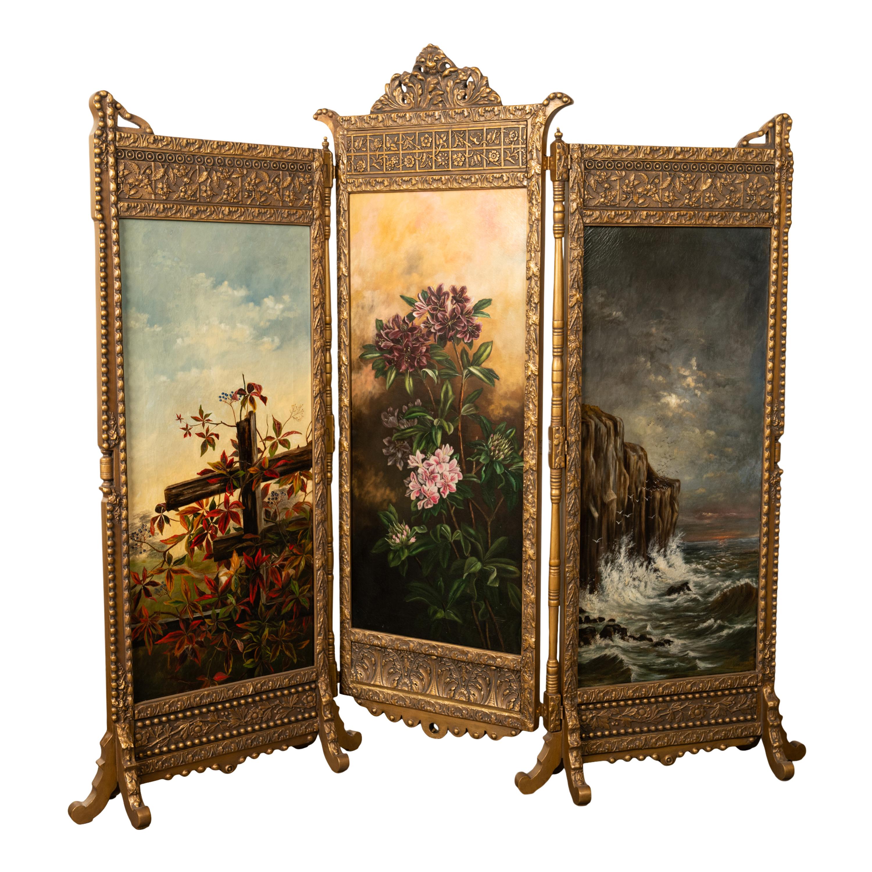 A fine & rare antique American Aesthetic Movement gilded three panel room divider screen, with three original oil paintings, 1885, from the estate of J.D. Rockefeller, New York.
The three fold screen having gilt bronze gesso decoration in the