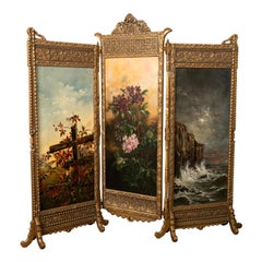 Antique Gilded Room Divider Screen Oil Painting Aesthetic Movement NY 1885