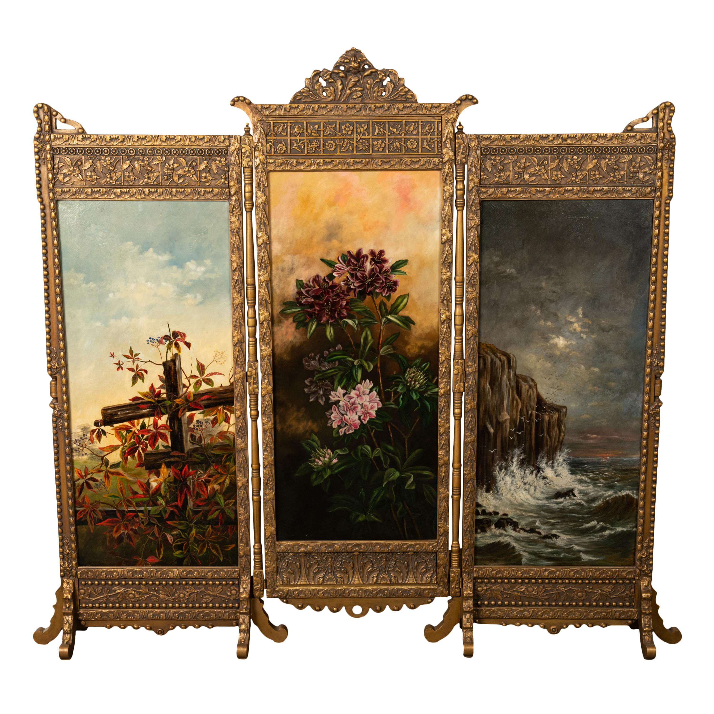 Mouvement esthétique  Ancienne peinture à l'huile dorée The Painted Room Room Divider Screen Aesthetic Movement NY 1885 en vente