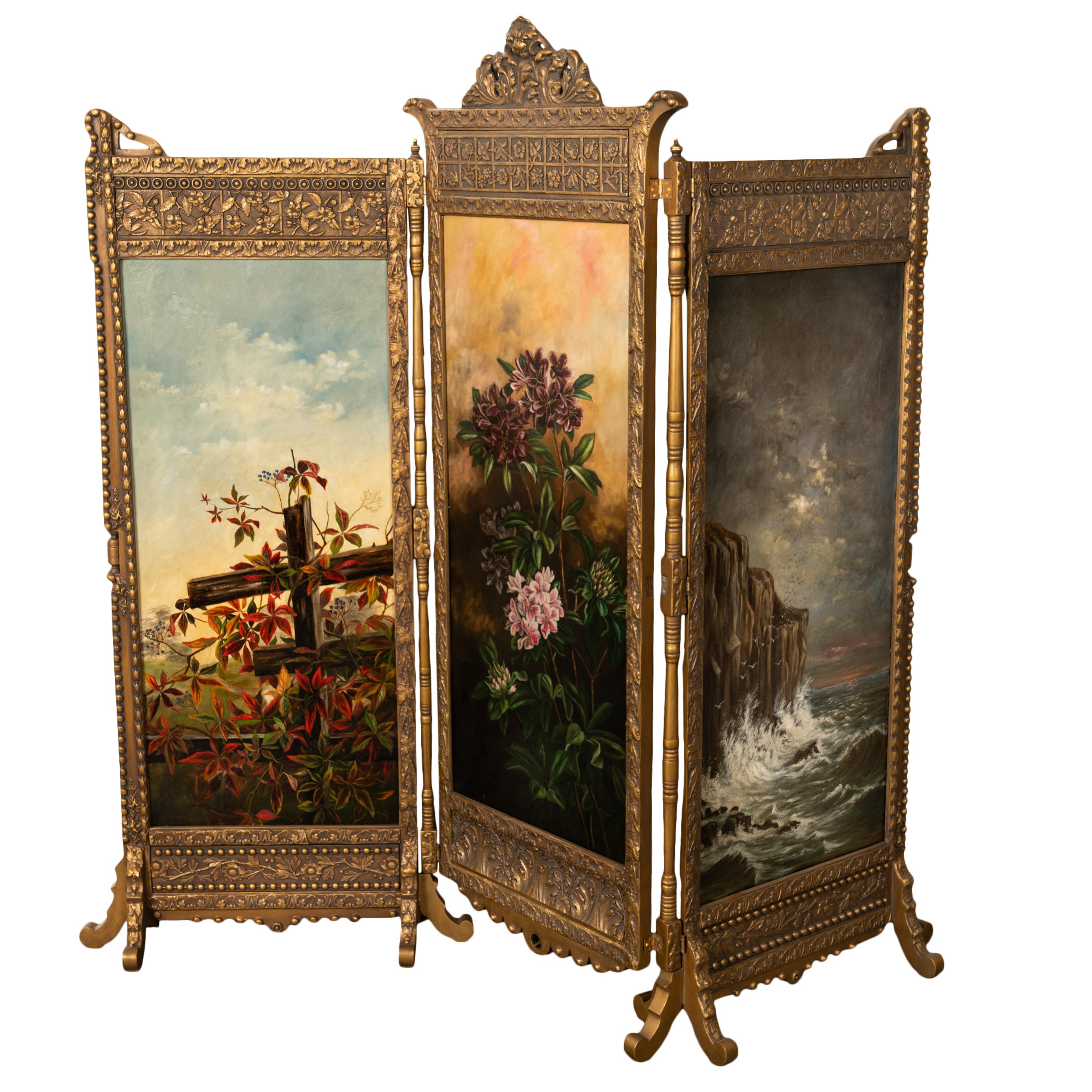 American  Antique Gilded Room Divider Screen Oil Painting Aesthetic Movement NY 1885 For Sale