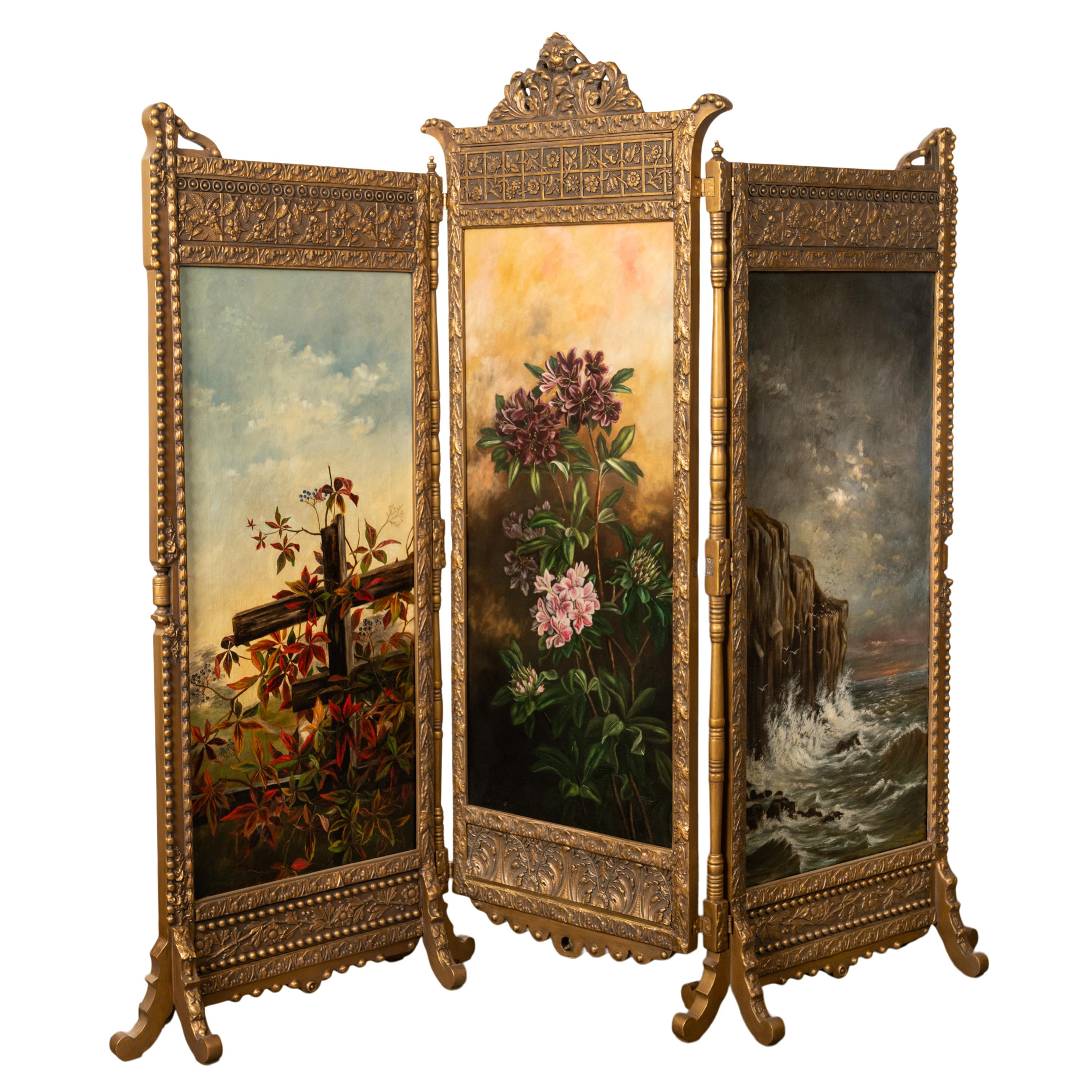 Peint à la main  Ancienne peinture à l'huile dorée The Painted Room Room Divider Screen Aesthetic Movement NY 1885 en vente