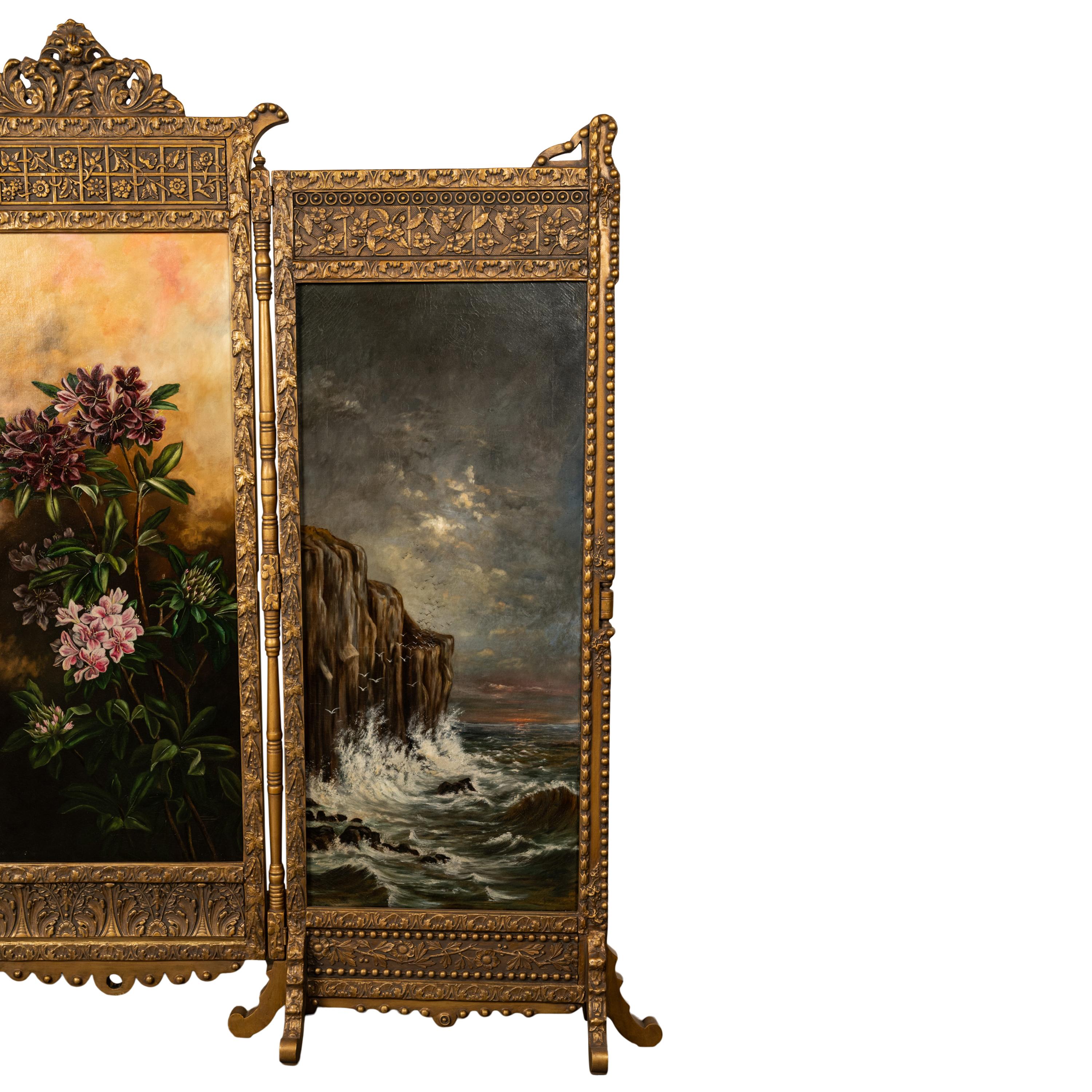 Fin du XIXe siècle  Ancienne peinture à l'huile dorée The Painted Room Room Divider Screen Aesthetic Movement NY 1885 en vente