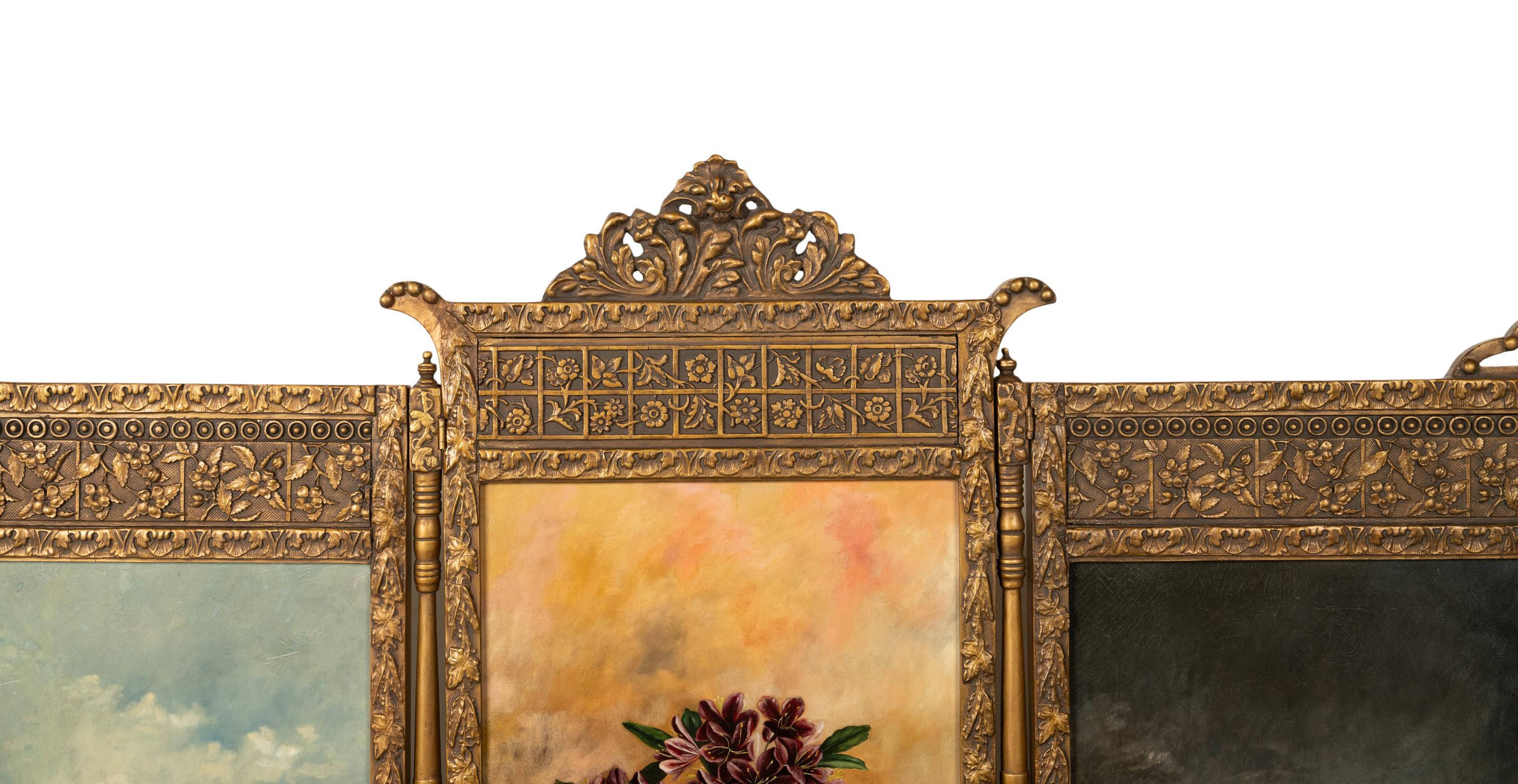  Antique Gilded Room Divider Screen Oil Painting Aesthetic Movement NY 1885 For Sale 1