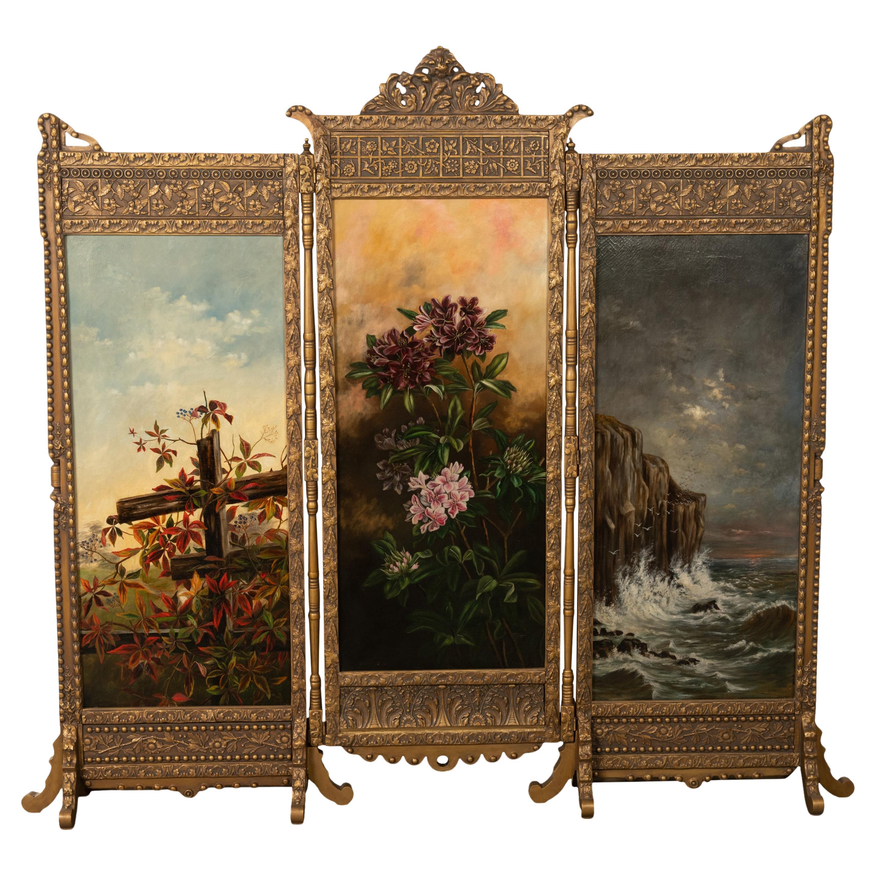  Antique Gilded Room Divider Screen Oil Painting Aesthetic Movement NY 1885 For Sale