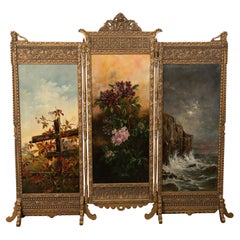 Antico paravento dorato ROOMS Pittura a olio Aesthetic Movement NY 1885