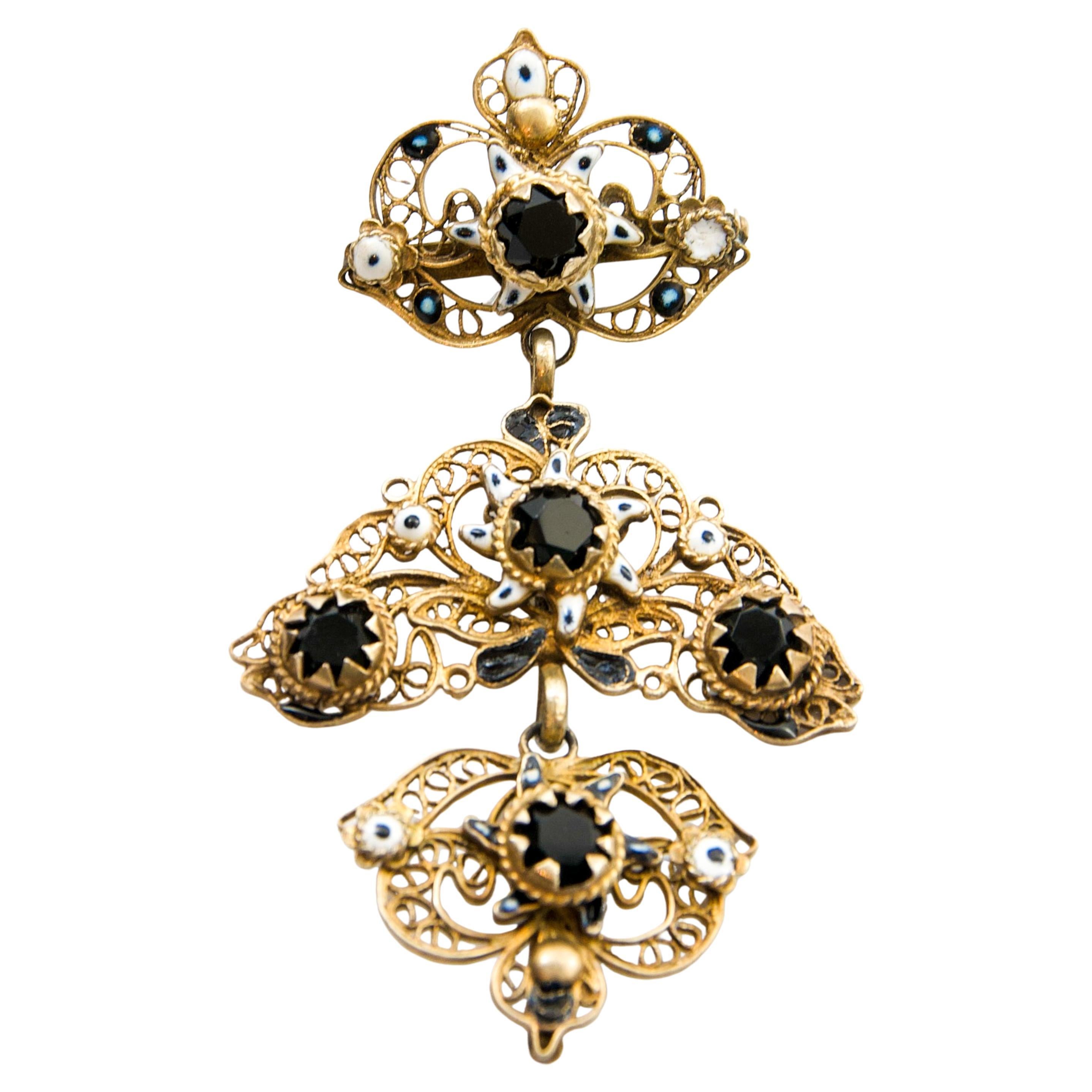 Antique Gilded Silver Filigree Brooch Stone & Enamel, Late 19th-Century
