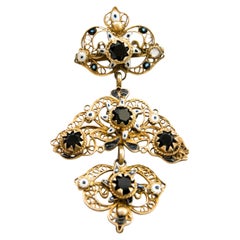 Antique Gilded Silver Filigree Brooch Stone & Enamel, Late 19th-Century