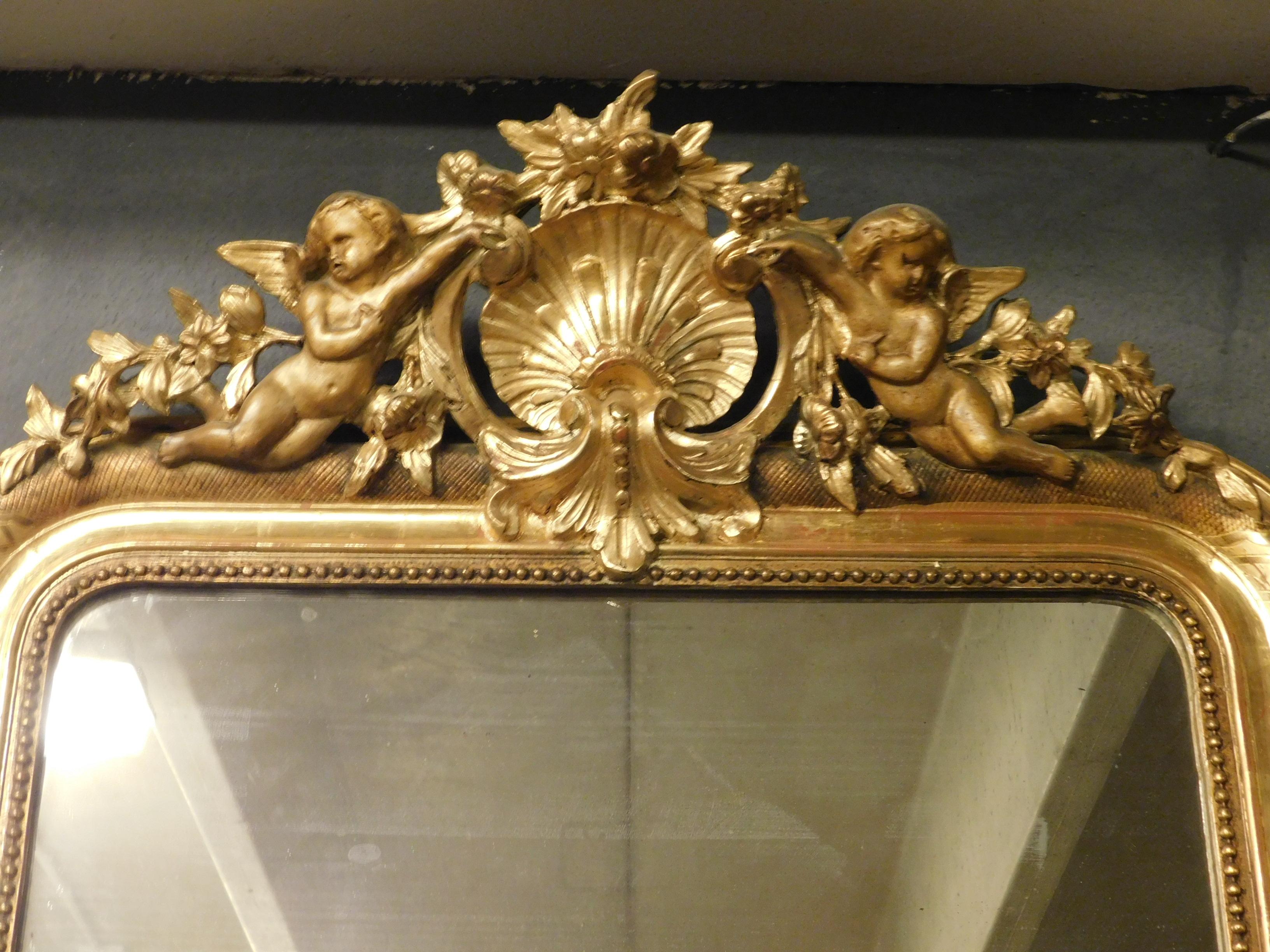 Antique Gilded Wooden Mirror with Cherubs and Carved Shell, Epoch, 1800, Italy 5