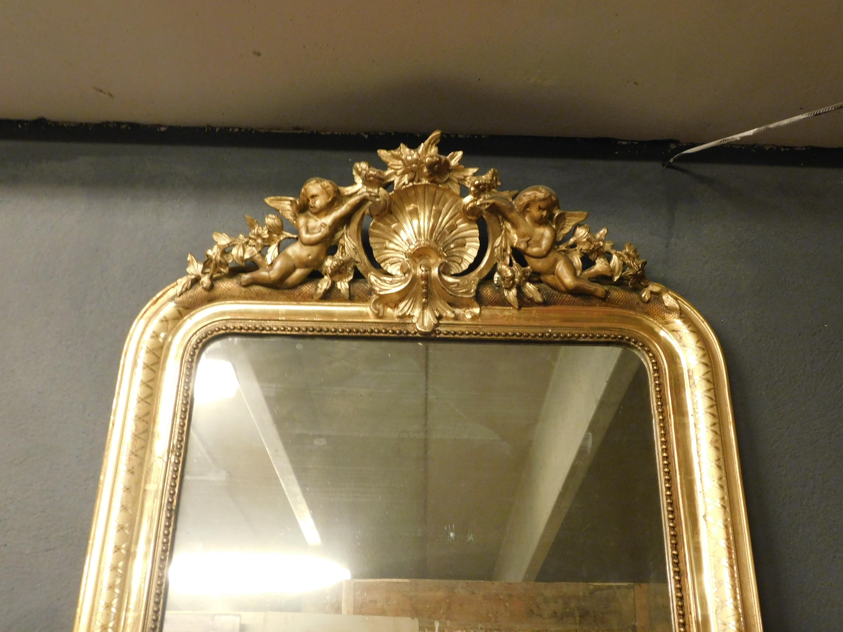 Antique Gilded Wooden Mirror with Cherubs and Carved Shell, Epoch, 1800, Italy 2