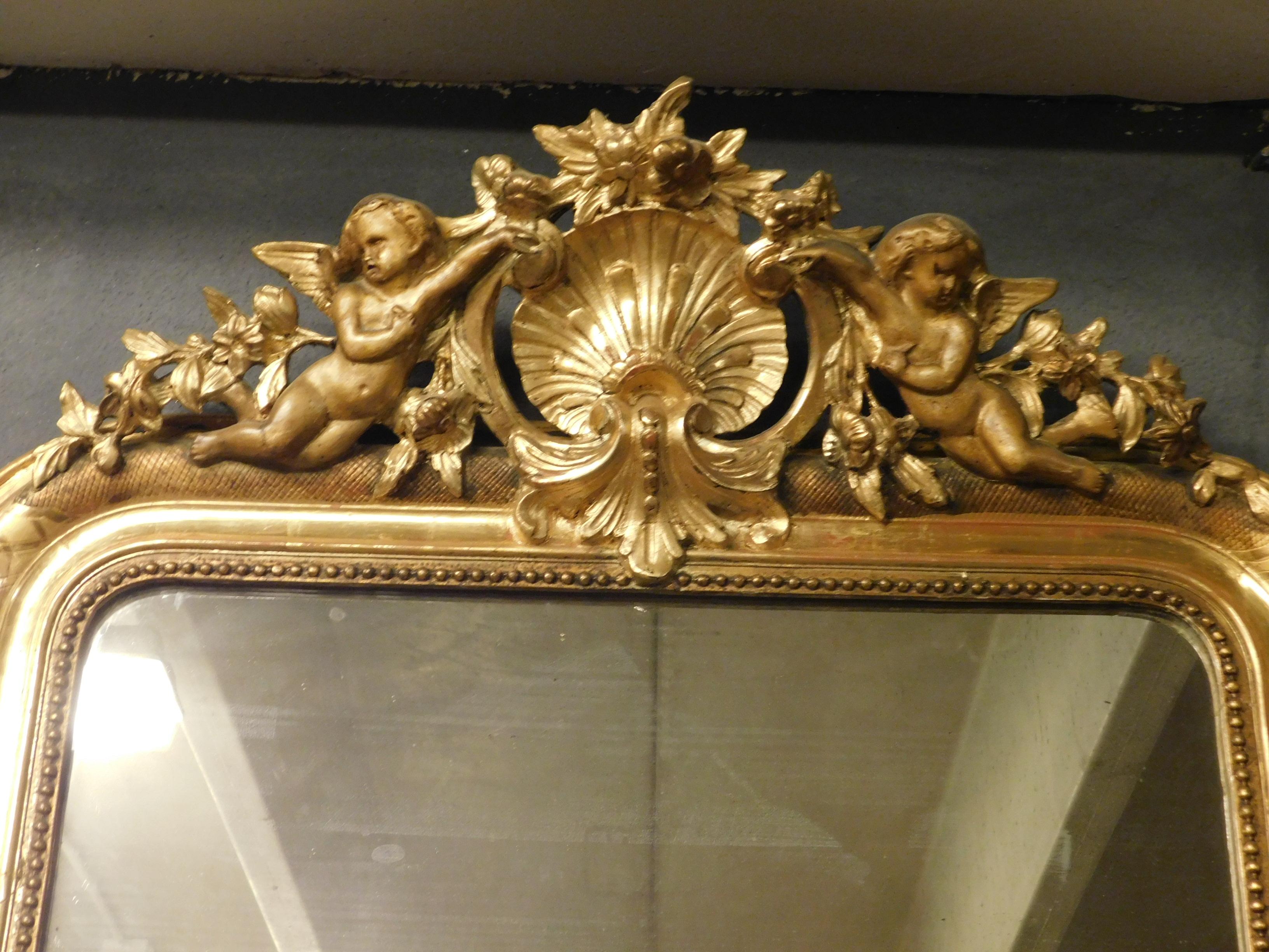 Antique Gilded Wooden Mirror with Cherubs and Carved Shell, Epoch, 1800, Italy 3