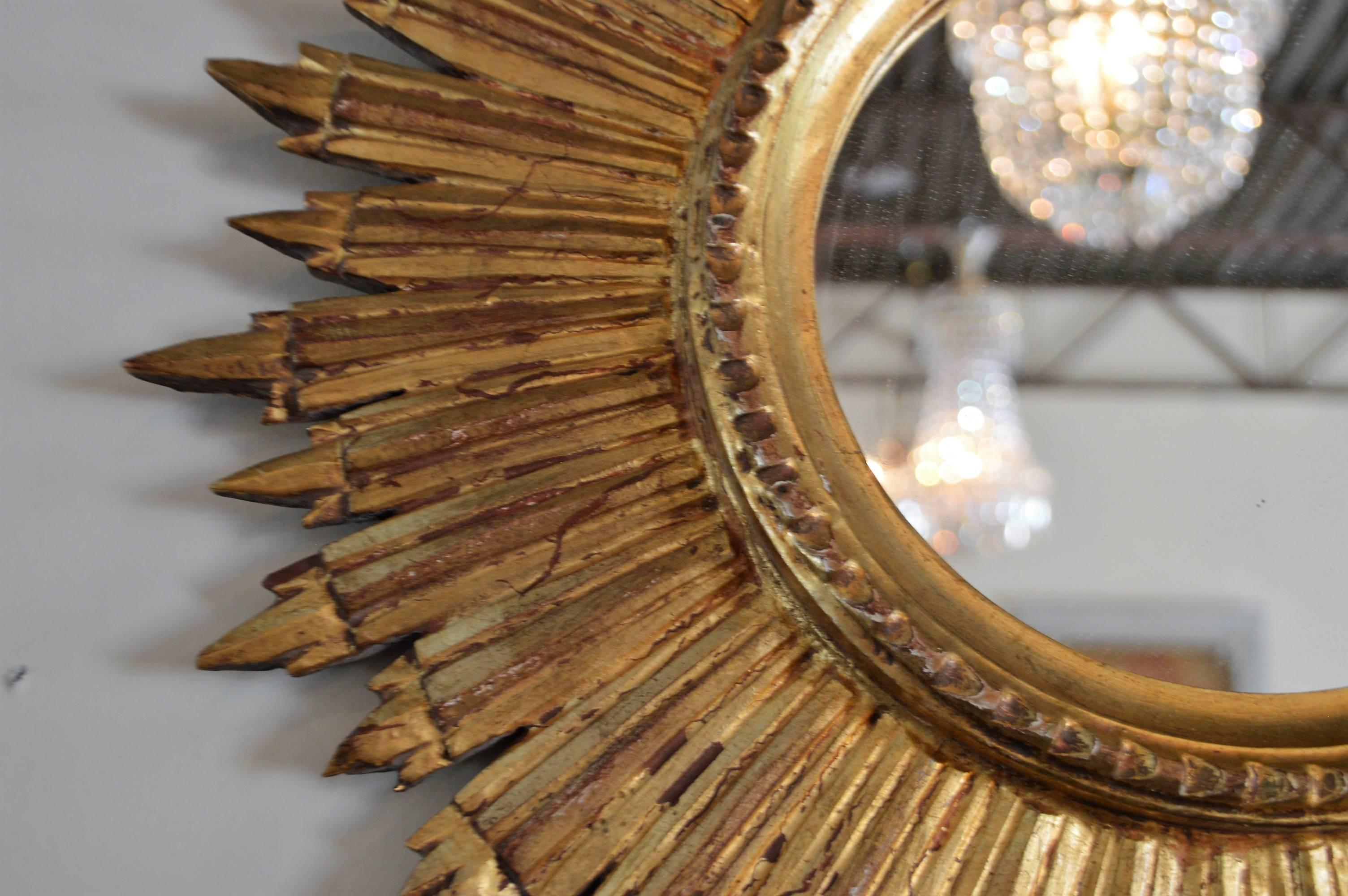 Belle Époque Antique Gilded Wooden Sunburst Mirror from France, Handcrafted
