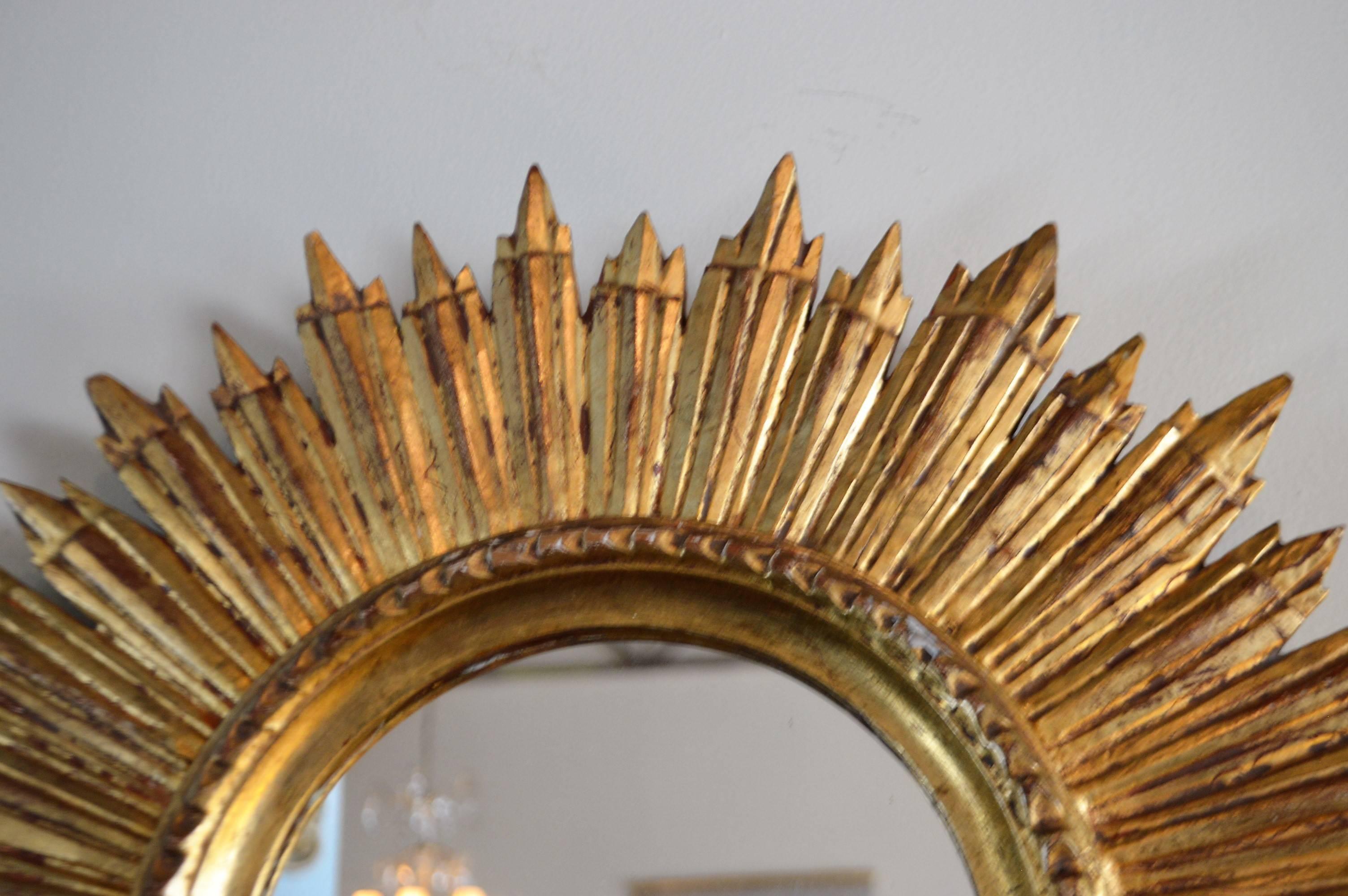 Gilt Antique Gilded Wooden Sunburst Mirror from France, Handcrafted