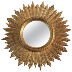 Antique Gilded Wooden Sunburst Mirror from France, Handcrafted