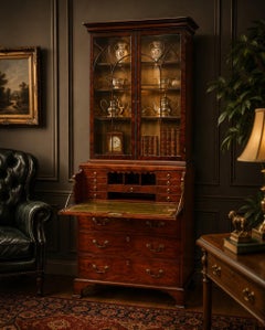 Antica libreria secretaire in mogano di Gillows, gabinetto georgiano in astragalo smaltato