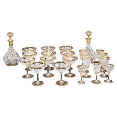Antique Gilt and Coraline Glass Decanters Wine Glasses and Champagne Coupes