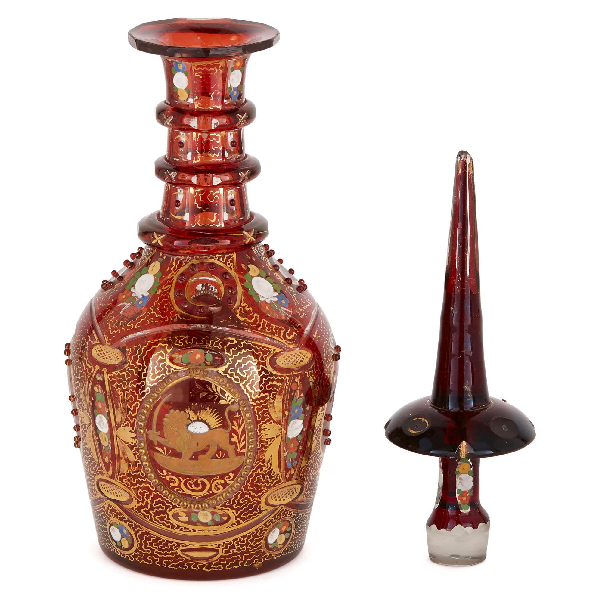 Bohemian Antique Gilt and Enamelled Ruby Red Glass Decanter For Sale